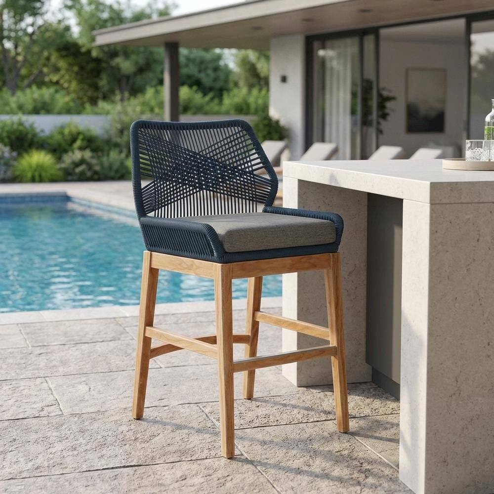 Left. Outdoor Escape - Teak And Rope Outdoor Counter Stool With Weather-Resistant Finish For Patio - Blue.