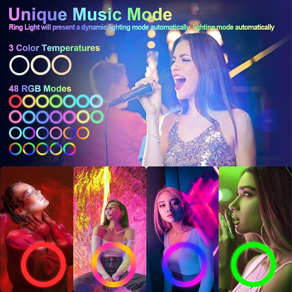 Unique Music Mode  
Ring Light will present a dynamic lighting mode automatically.

3 Color Temperatures

48 RGB Modes