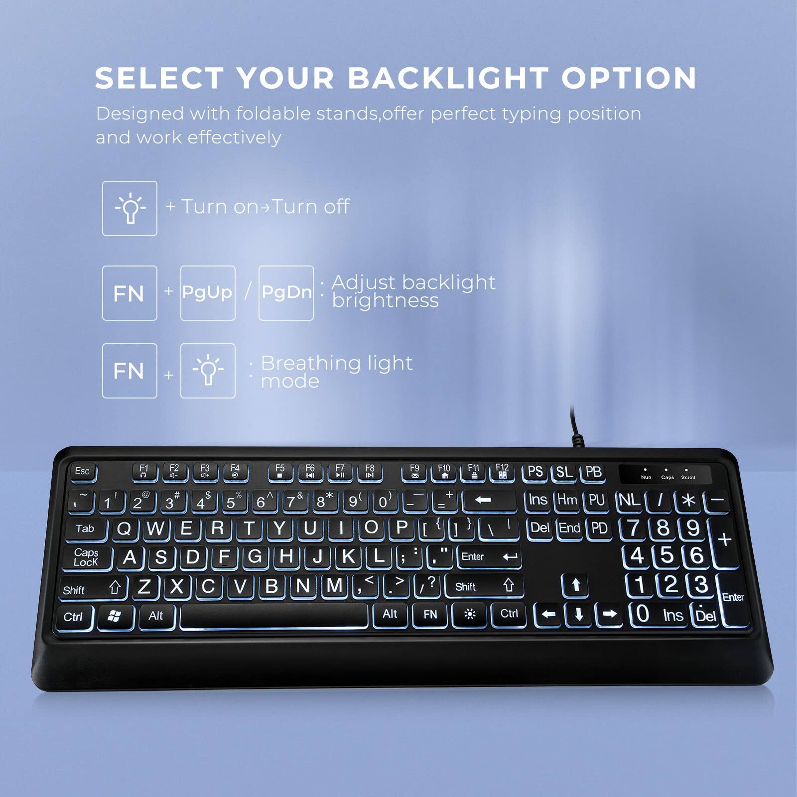 SELECT YOUR BACKLIGHT OPTION  
Designed with foldable stands, offer perfect typing position and work effectively  

- Turn on → Turn off  
- FN + PgUp / PgDn: Adjust backlight brightness  
- FN + Breathing light mode  

Esc F1 F2 F3 F4 F5 F6 F7 F8 F9 F10 F11 F12  
1 2 3 4 5 6 7 8 9 0 - =  
Q W E R T Y U I O P [ ] \  
A S D F G H J K L ; '  
Z X C V B N M , . /  
Tab Caps Lock Shift Ctrl Alt Spacebar Alt  
PgUp PgDn End Home Insert Delete  
PS SL PB SAus  
7 8 9 +  
4 5 6 -  
1 2 3 0 . Enter  
Shift FN Ctrl Alt