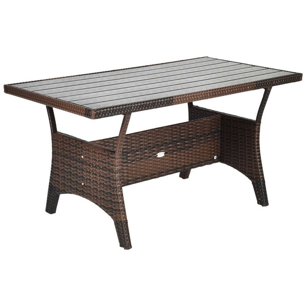 Alt View 1. Pefilos - 3 Pieces Hand-Woven Rattan Outdoor Sofa Set with Dining Table, Outdoor Sofa Set with Steel Frame and Hand-Woven Ratt - Brown.