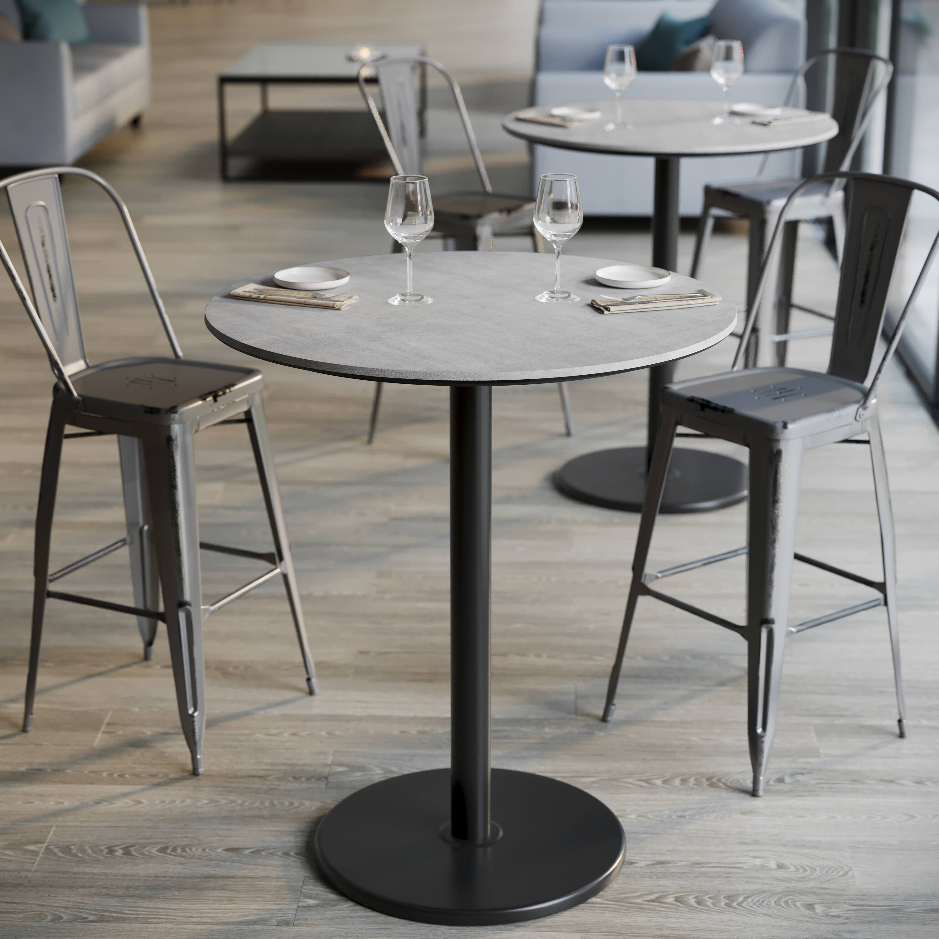 Alt View 4. Emma + Oliver - PureShield Tabletop with Seam-Free Surface Innovation and Bar Height Round Base - Gray Faux Concrete/Black Base.