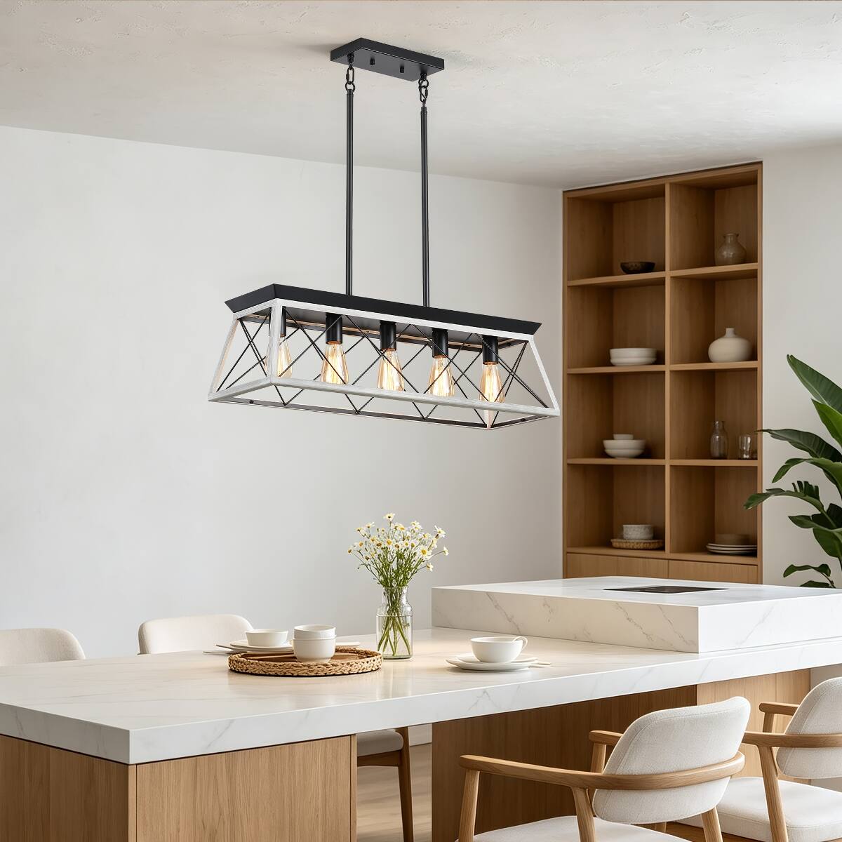 Alt View 4. Loheer - Loheer 5 Light Farmhouse Chandelier White Iron Dining Room Pendant Light for Kitchen Island.