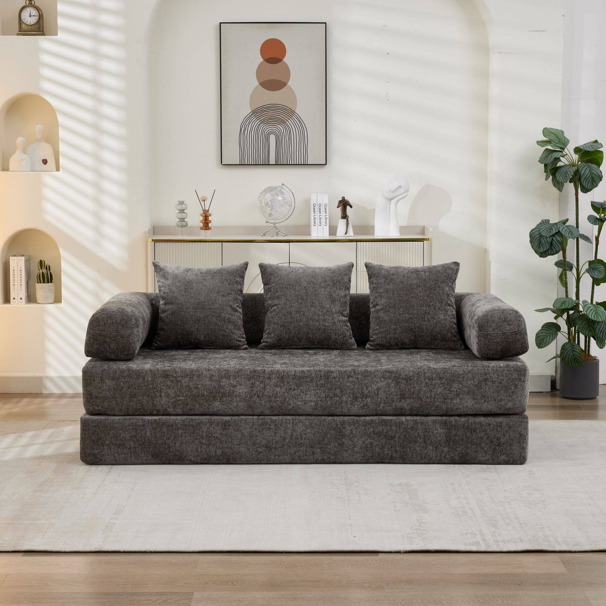 Angle. GOODSILO - Convertible Folding Floor Sofa Bed with Armrests for Living Room, Bedroom, and Studio Lounging - Gray.