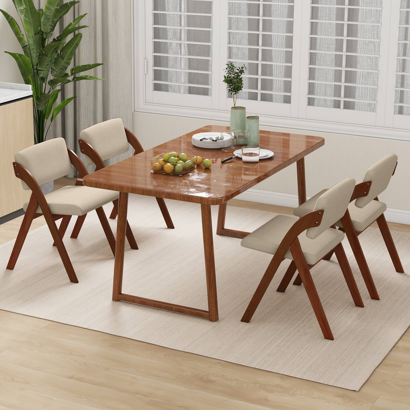 Alt View 4. Gymax - Gymax Set of 2 Dining Chairs Folding Kitchen Chair w/ Rubber Wood Legs Padded Seat Walnut & Beige - Walnut & Beige.