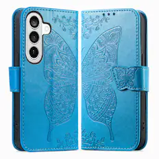 Front. Dteck - Wallet Case for Samsung Galaxy S25 FE, Embossed Butterfly Pattern Leather Card Slots Flip Stand Cover+Strap - Blue.
