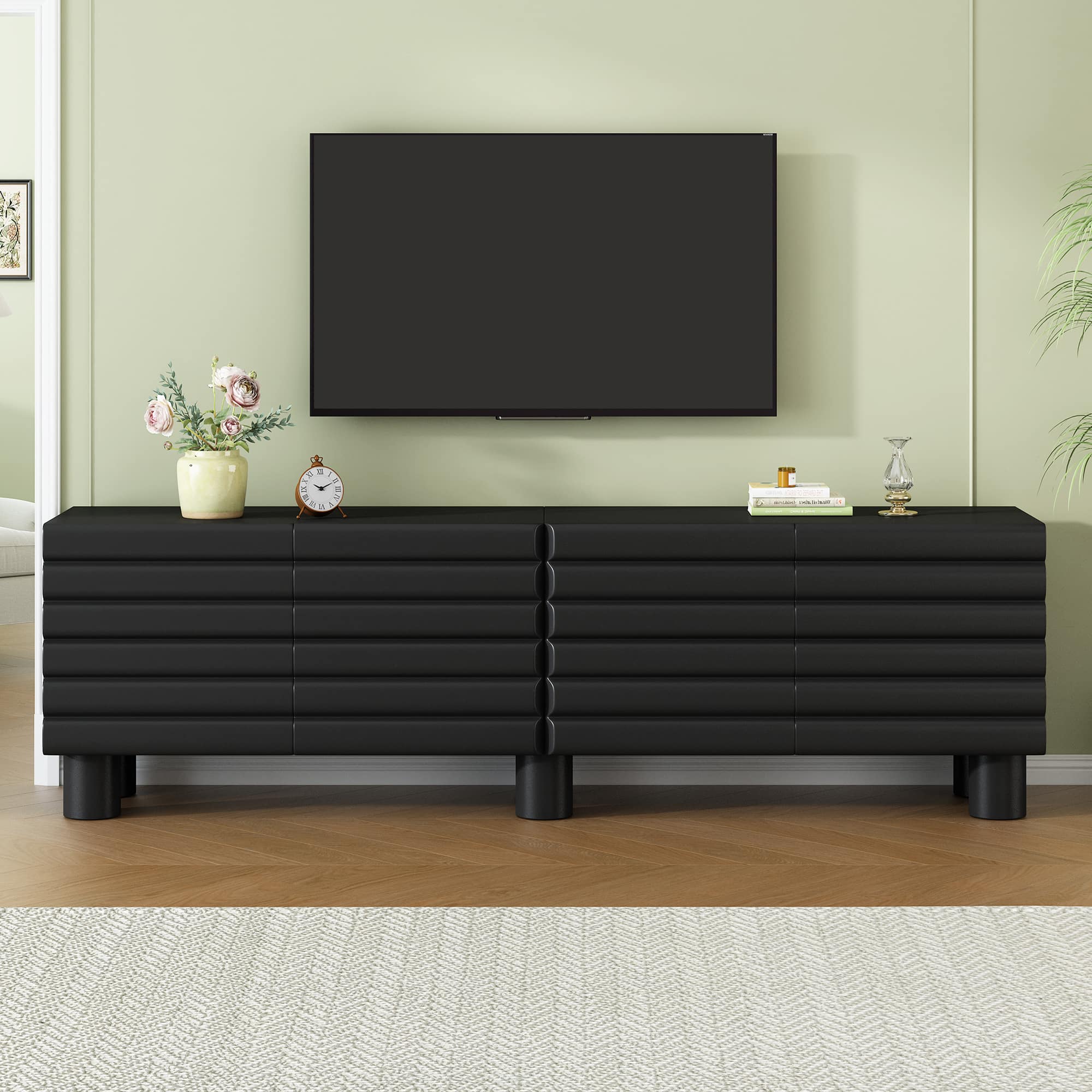 Spaco - Wavy Door TV Stand for 75" TV, Stylish Solid Media Console with Adjustable Shelves and 4 Cabinets for Living Room - Black