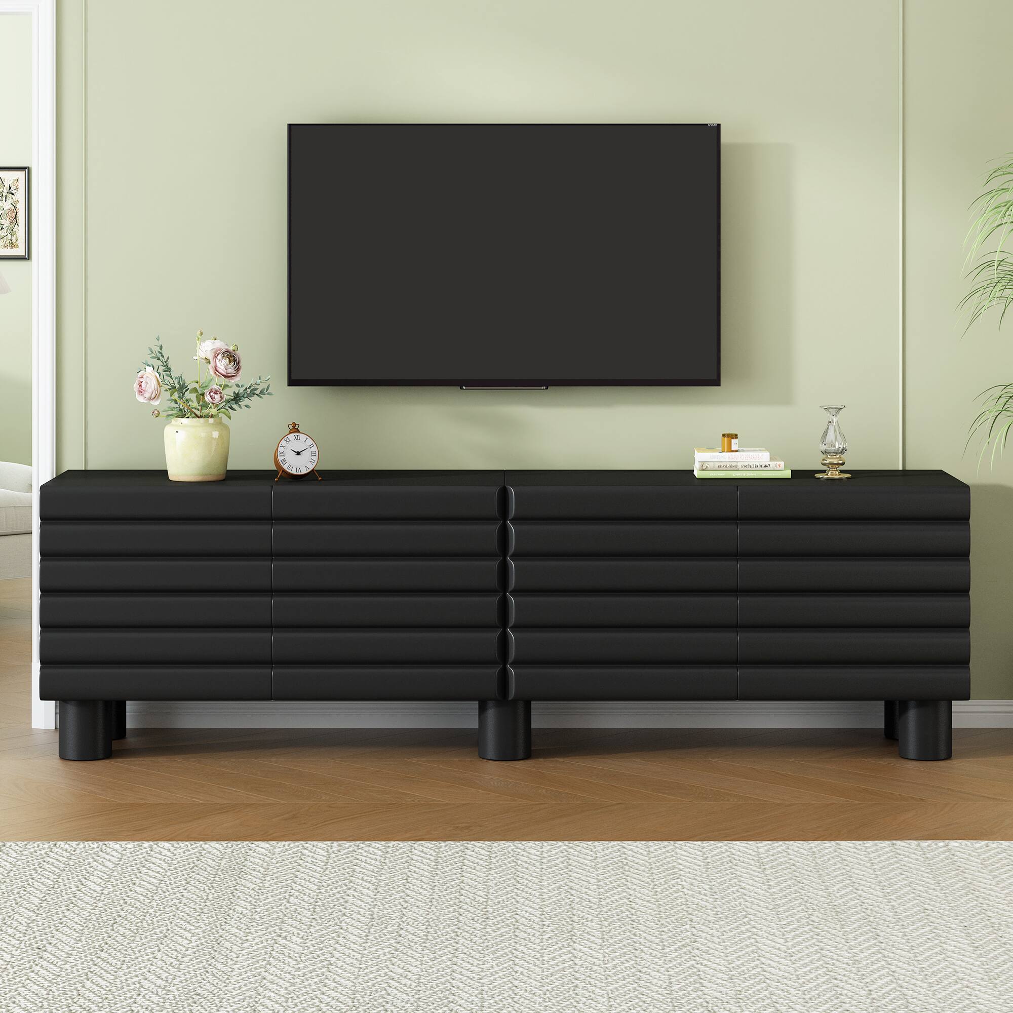 Front. Spaco - Spaco Wavy Door TV Stand for 75" TV, Stylish Solid Media Console with Adjustable Shelves and 4 Cabinets for Living Room - Black.