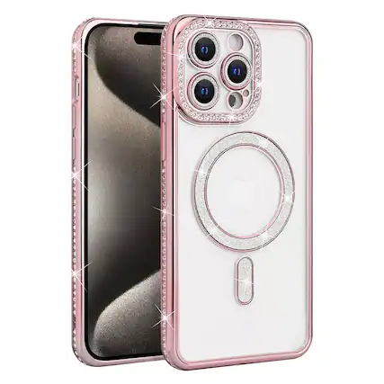 Front. Entronix - Entronix Magnetic Case for iPhone 13 Pro Max - Clear Back with Luxury Diamonds - Rose.
