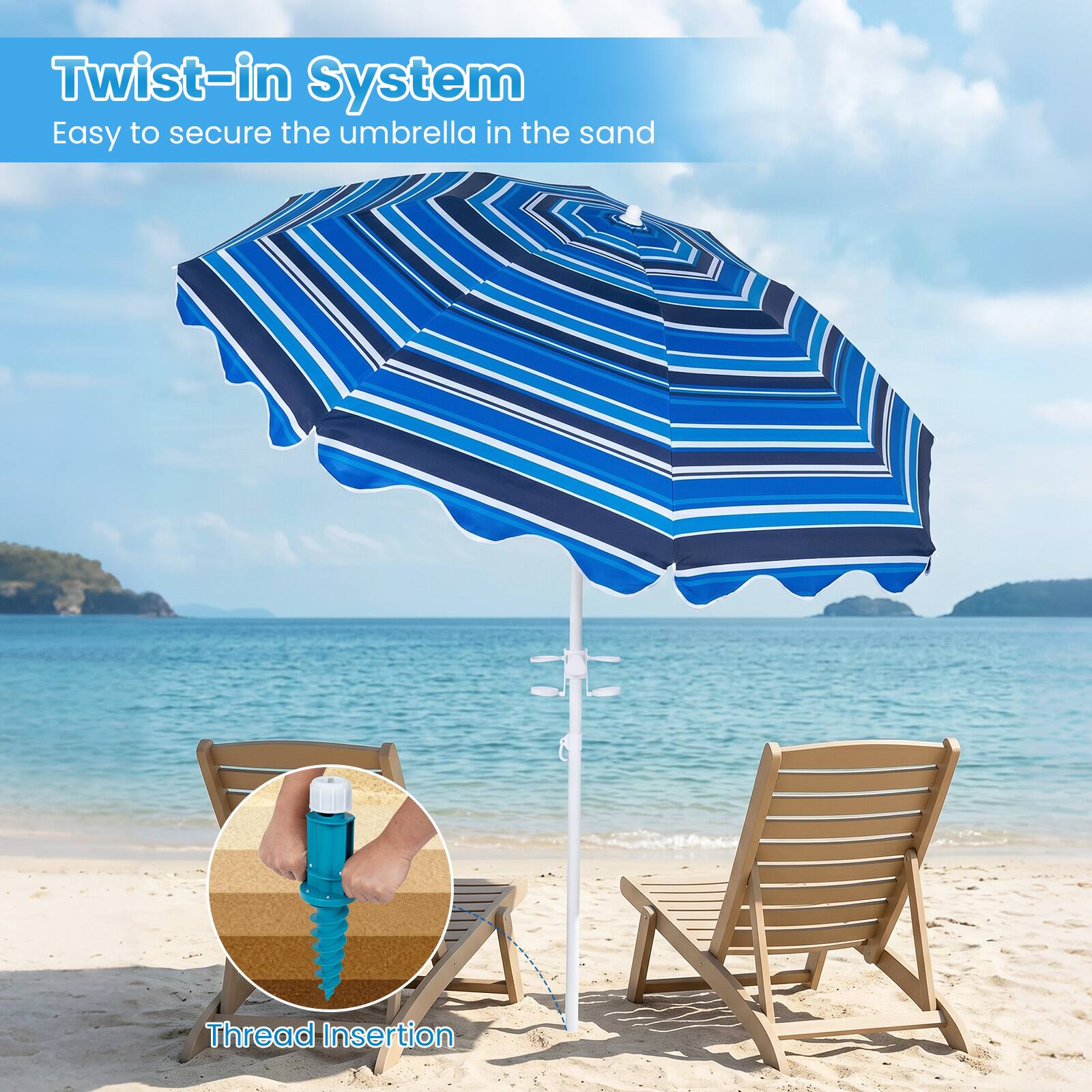 Twist-in System  
Easy to secure the umbrella in the sand  

Thread Insertion