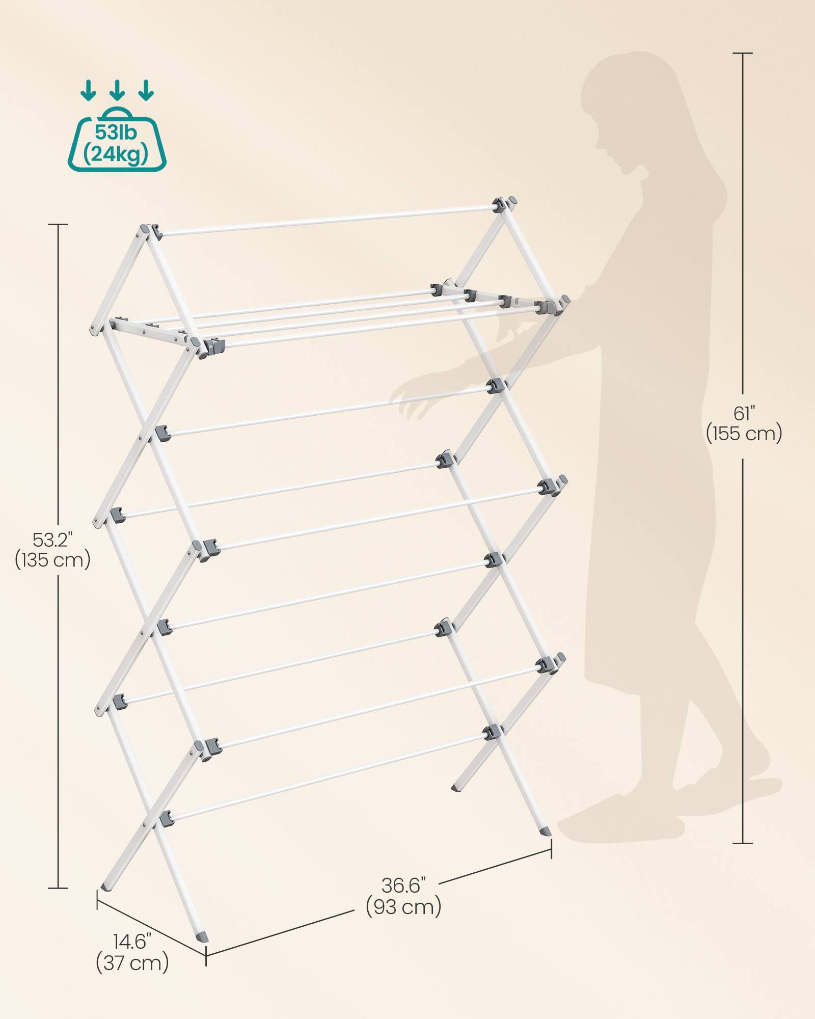 53lb (24kg)  
61" (155 cm)  
53.2" (135 cm)  
14.6" (37 cm)  
36.6" (93 cm)