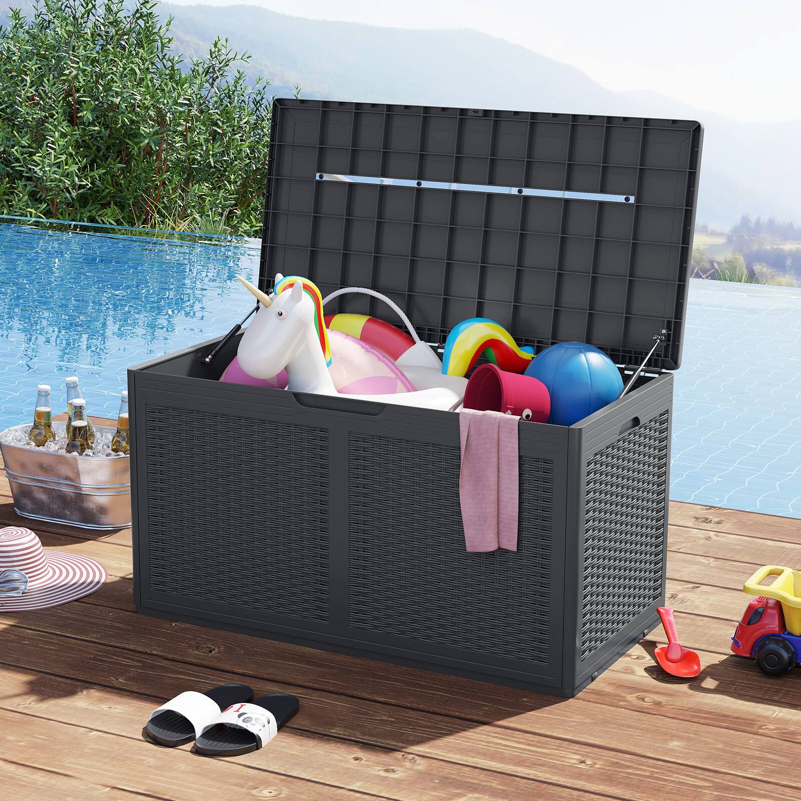 Alt View 1. Costway - Costway 100 Gal Outdoor Storage Box Lockable Patio Bin & Bench for Gardening Tools - Grey.