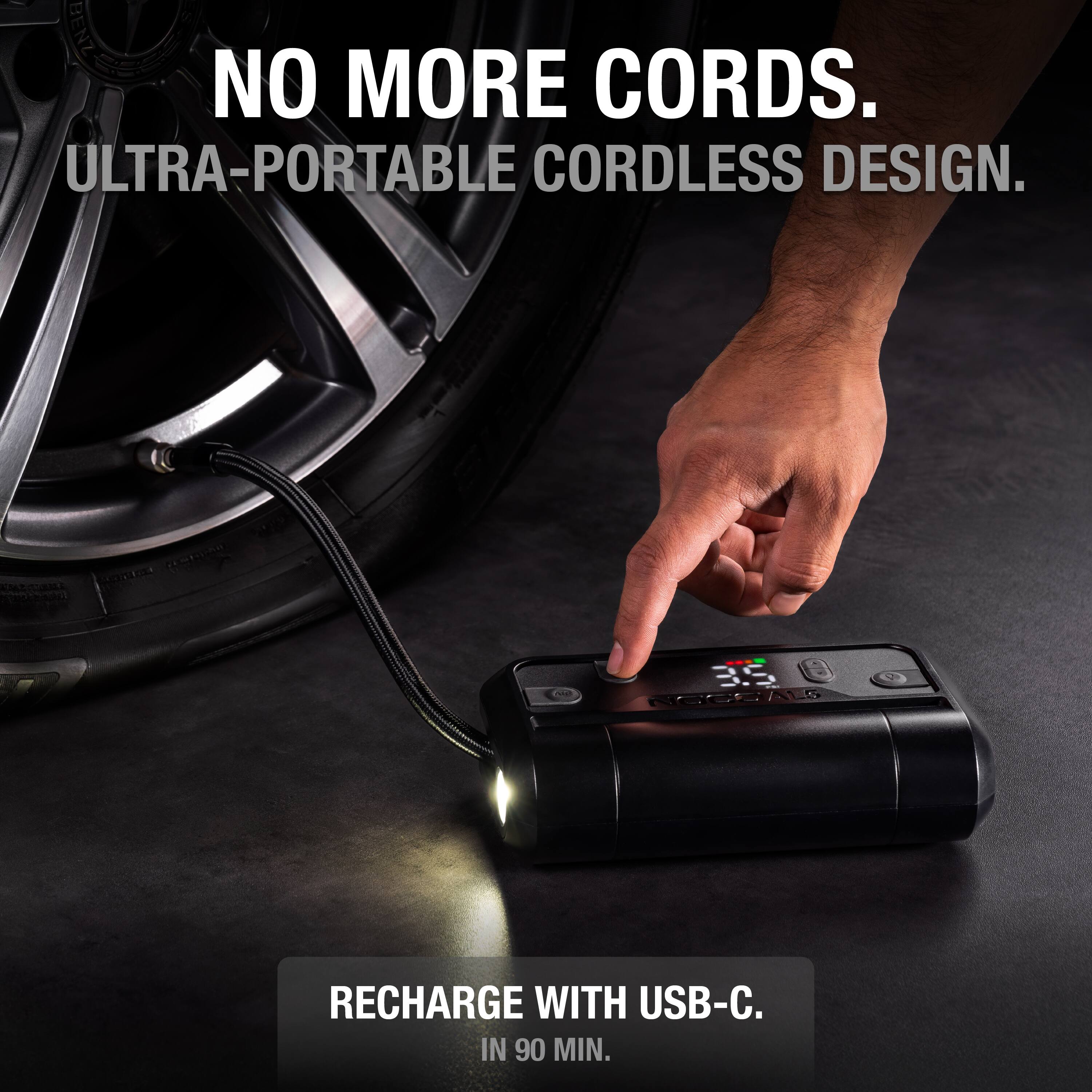 NO MORE CORDS.  
ULTRA-PORTABLE CORDLESS DESIGN.  

RECHARGE WITH USB-C.  
IN 90 MIN.