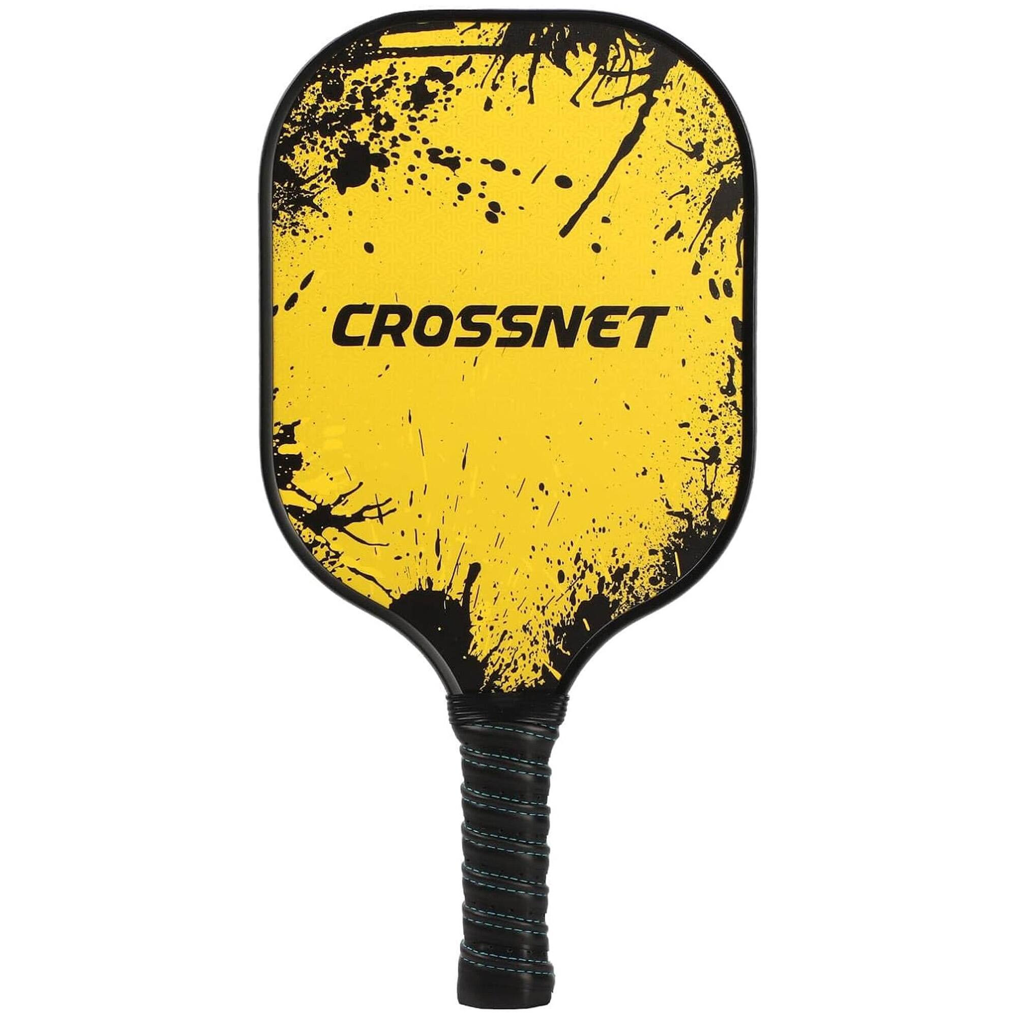 Front. CROSSNET - CROSSNET Pickleball Paddle with Fiberglass Face & Polymer Core, Cosmic Splatter - Black and Yellow.