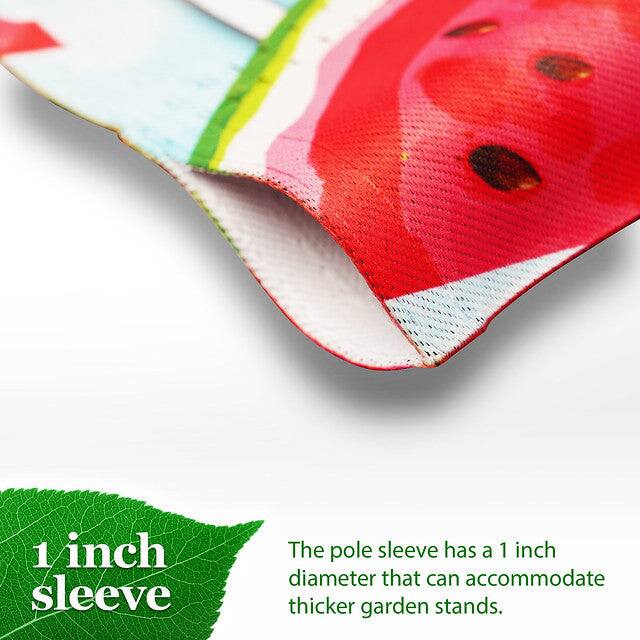 1 inch sleeve

The pole sleeve has a 1 inch diameter that can accommodate thicker garden stands.