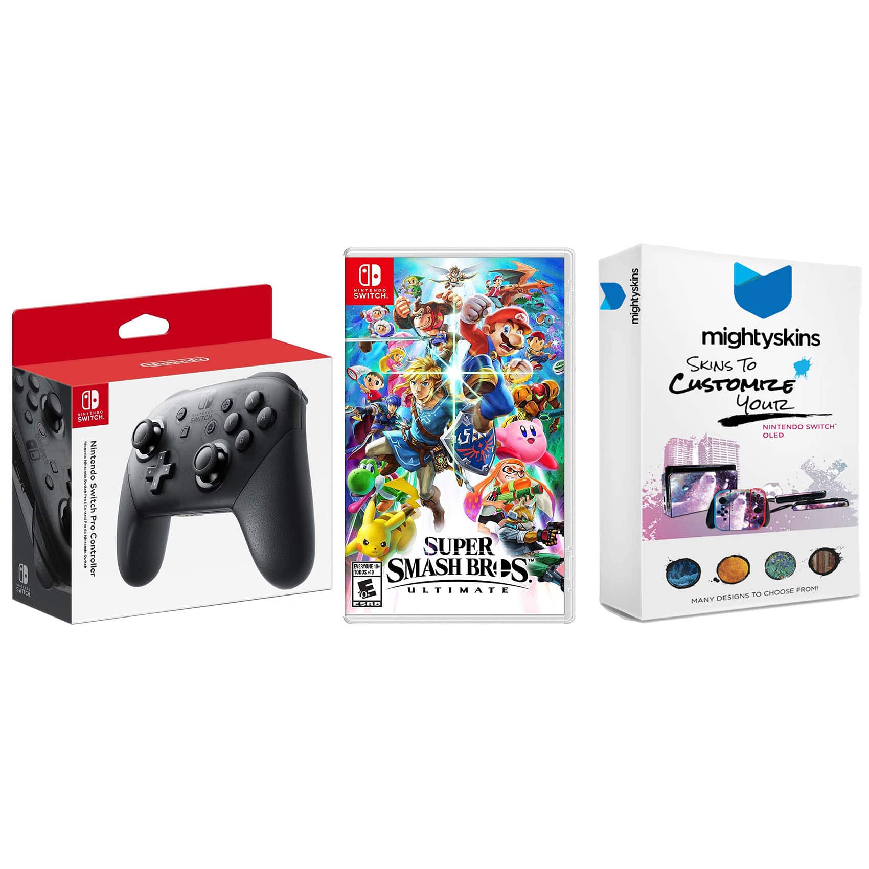 Super Smash Bros Ultimate, Pro Controller and MightySkins OLED Code Bundle for Nintendo Switch - Nintendo Switch, Nintendo Switch – OLED Model