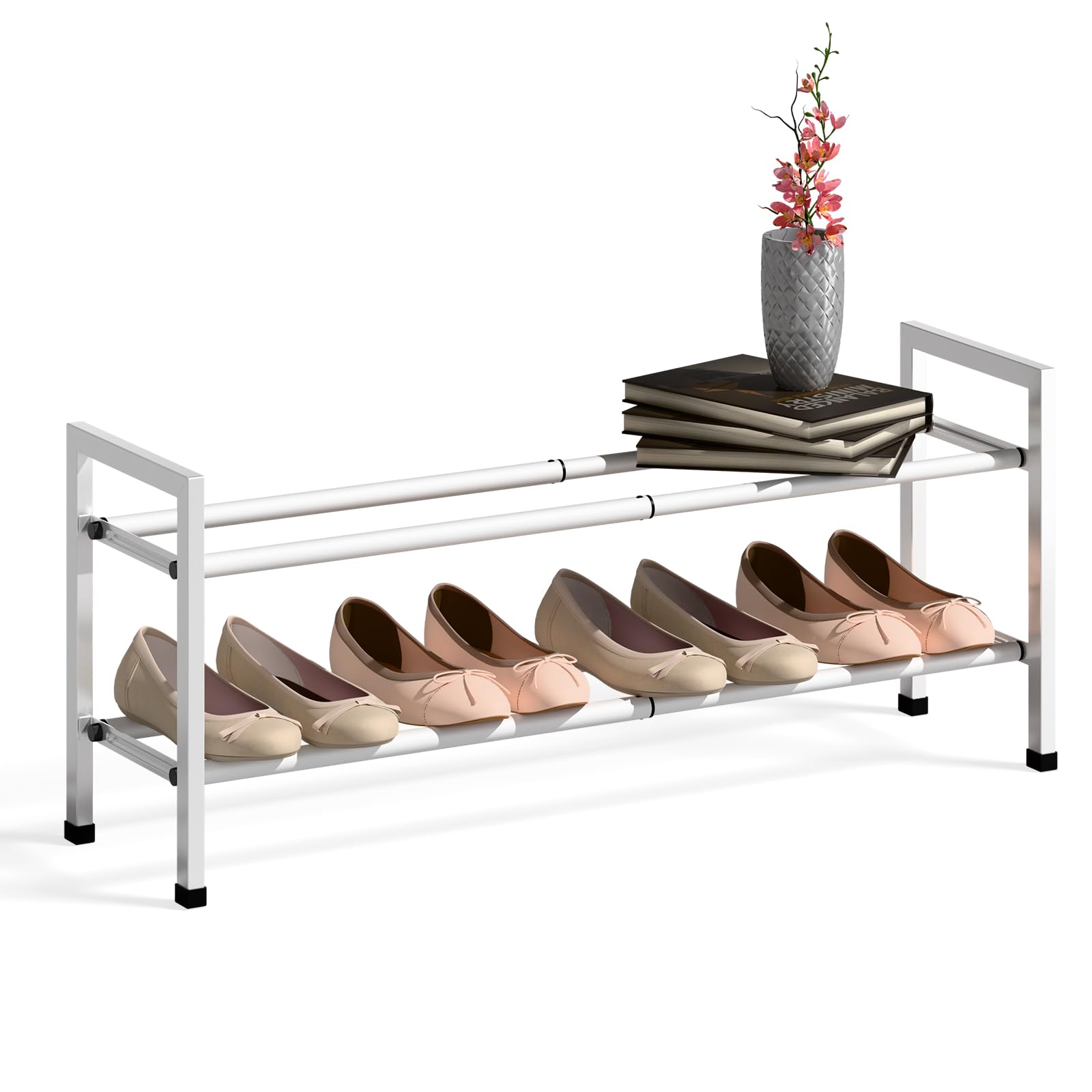 Front. Hanke - tier Expandable Shoe Rack For Closet - Adjustable Small Space Organizer Front Door Sturdy Metal Black - White 2-Tier.