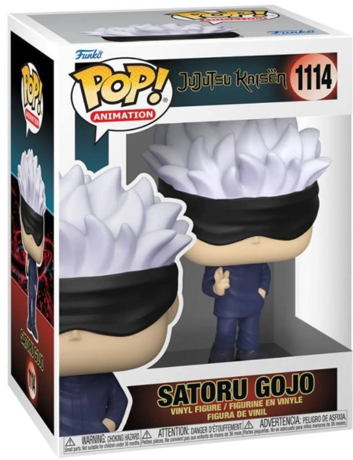 Funko 1 POP! ANIMATION JUUTSU KAISEN 1114 SATORU GOJO FIGURINE EN VINYLE FIGURE / VINYL DE VINIL FIGURA PELIGRO DE ASFIXIA TOUFFEMENT ADVERTENCIA: menores de 36 meses ATTENTION: DANGER D Pates No e de nors de 36 WARNING: CHOKING HAZARD. convient pas entarts Petites plces Ne under 3 morth Net sutable fr Smal parts