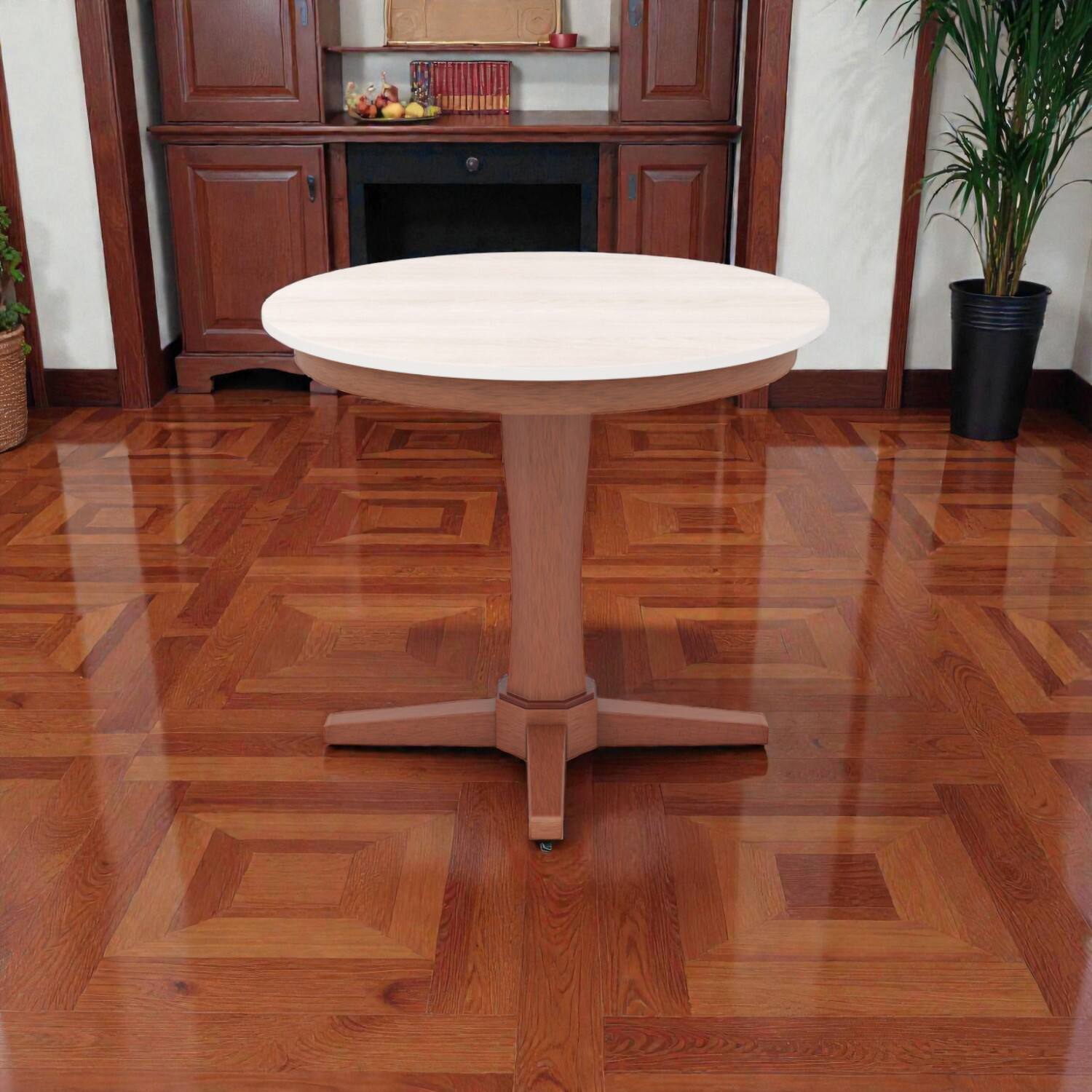 Front. Hivvago - Wooden 35-Inch Round Table Featuring a Pedestal Support - Cream White+Walnut.