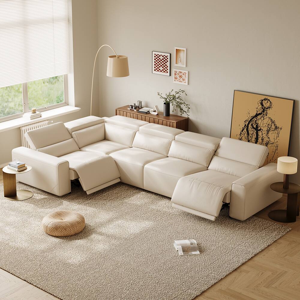 Angle. POVISON - 141" Minimalist Power Reclining Sectional L-shaped Leather Sofa,  2 Deep Seat 90°-145° Recline, Waterproof,Black - Beige Sustainable Leather.