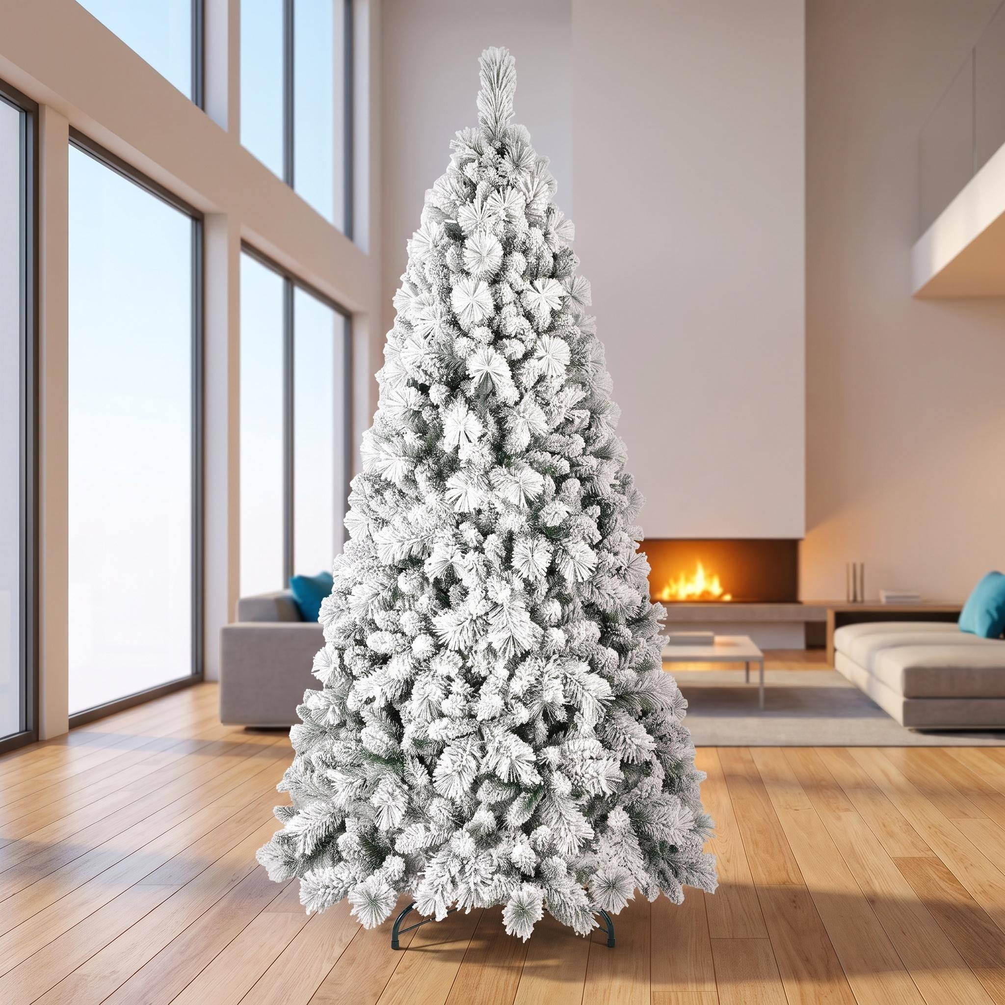 Alt View 9. Forest'nSky - 7.5 ft. Flocked Christmas Tree with 1252 Tips - Snowy PVC and Hard Needle Branches, Hinged Setup, Metal Stand - Green,White.