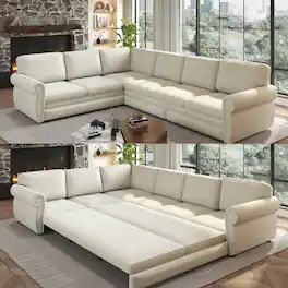 Anysun - 118" Convertible Chenille Upholstered L-Shaped Sofa Couch with Nailhead Trim & Rolled Arms for Living Room, Office - Beige White