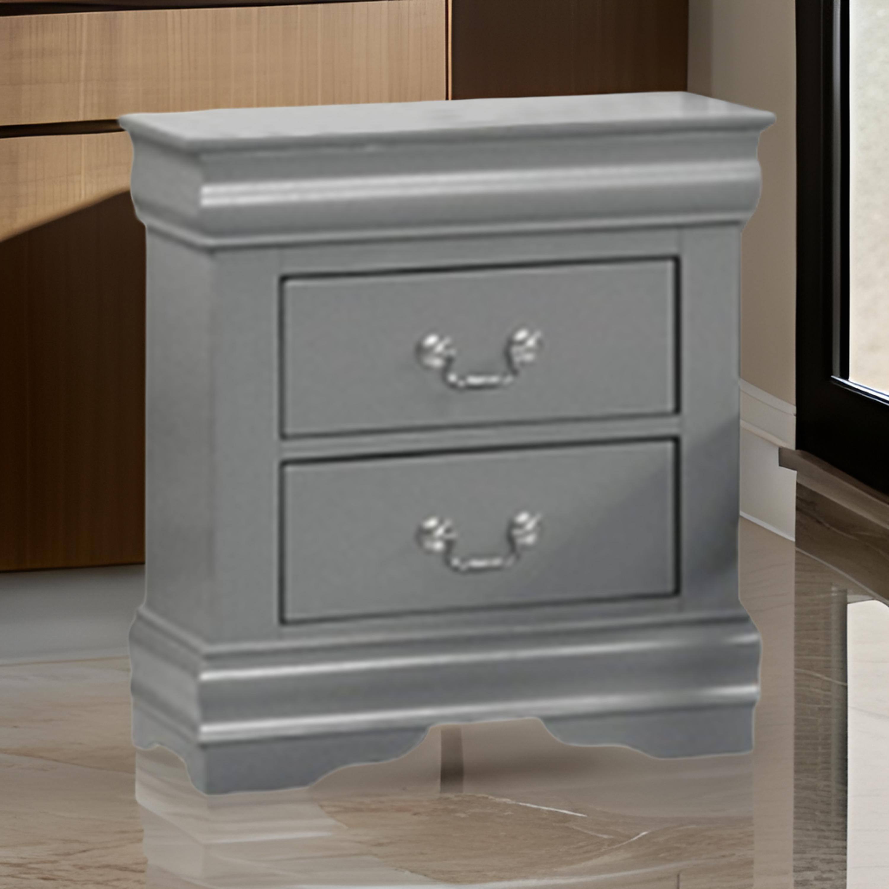 Alt View 5. Manhattan Lane - Ryla Nightstand, 2 Drawers,  Solid Wood, Nickel Drop Handles - Gray, Nickel.
