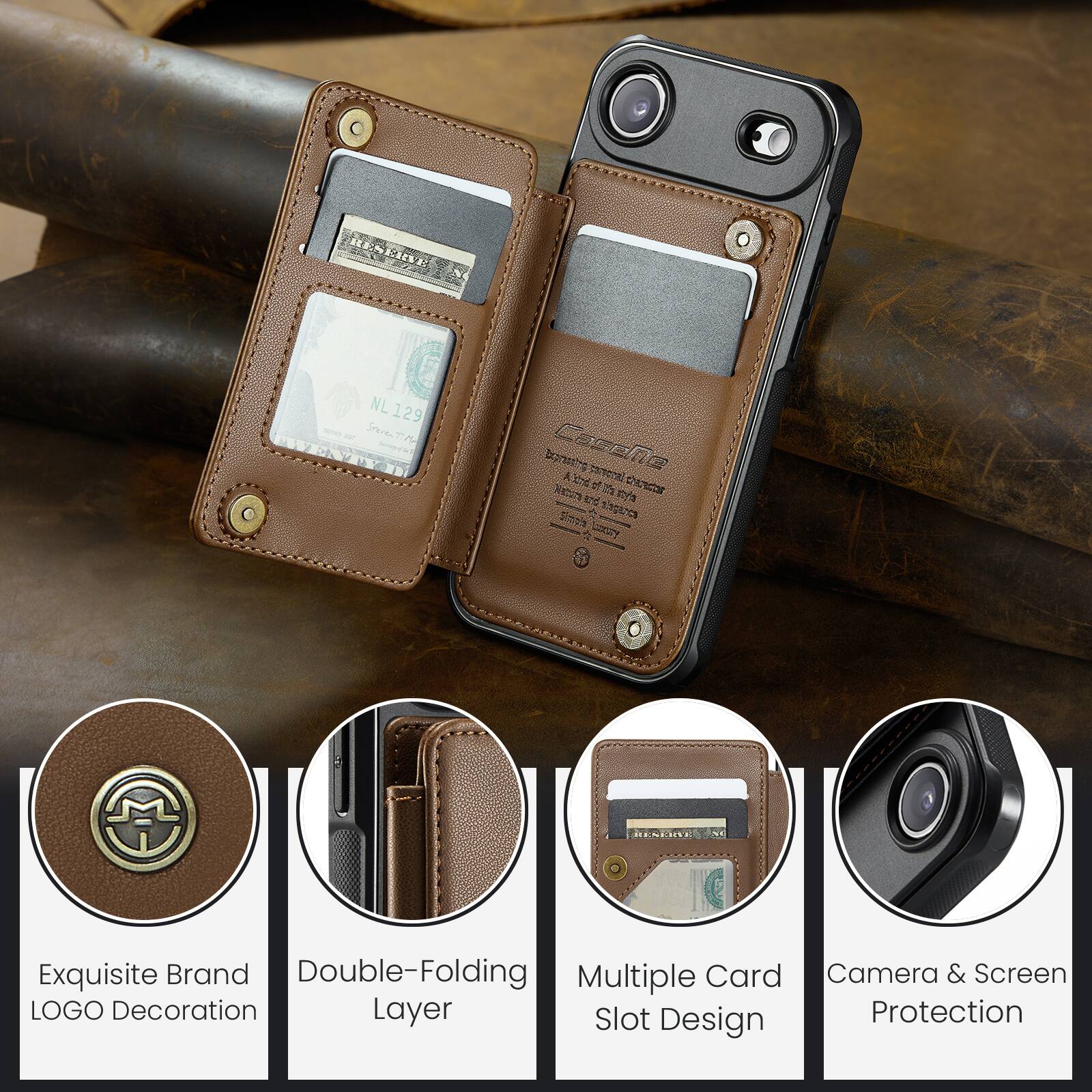 RENERR NL 129 Sterts T nothing_to_transcribe Casehe Sictories OE nd o ntiotr Nature 1 kd 4 7C 2 SY Exquisite Brand Double-Folding Multiple Card Camera & Screen LOGO Decoration Layer Slot Protection Design