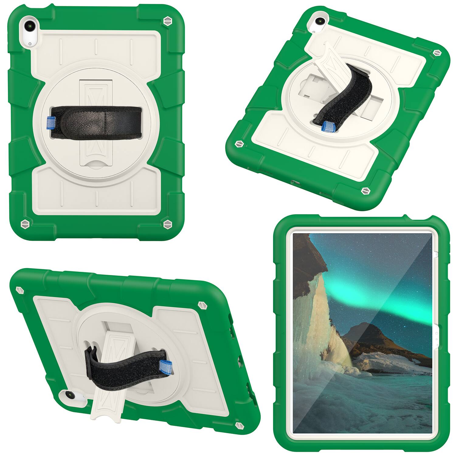 Left. Dteck - Heavy Duty Rugged Case for Apple iPad (A16) 11" 2025 & iPad 10.9" (10th Gen 2022),With Built-in Kickstand+Shoulder Strap - Deep Green.