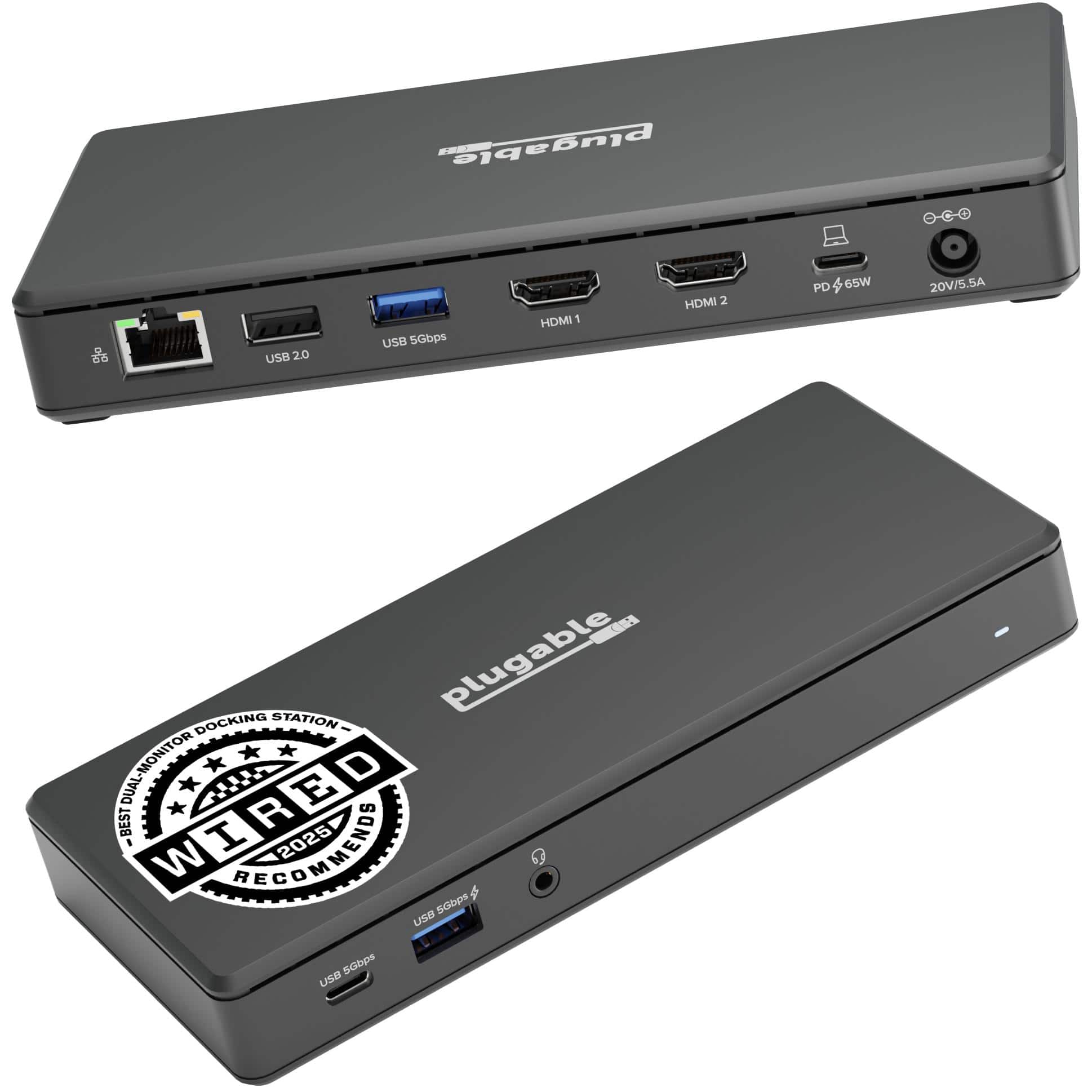plugable 86 B 2.0 USB 5Gbps HDMI 1 HDMI 2 PD 65W 20V/5.5A - plugable DOCKING STATION DUAL-MONITOR 2 E BEST WIRED R I RECOMMEND 2025 W