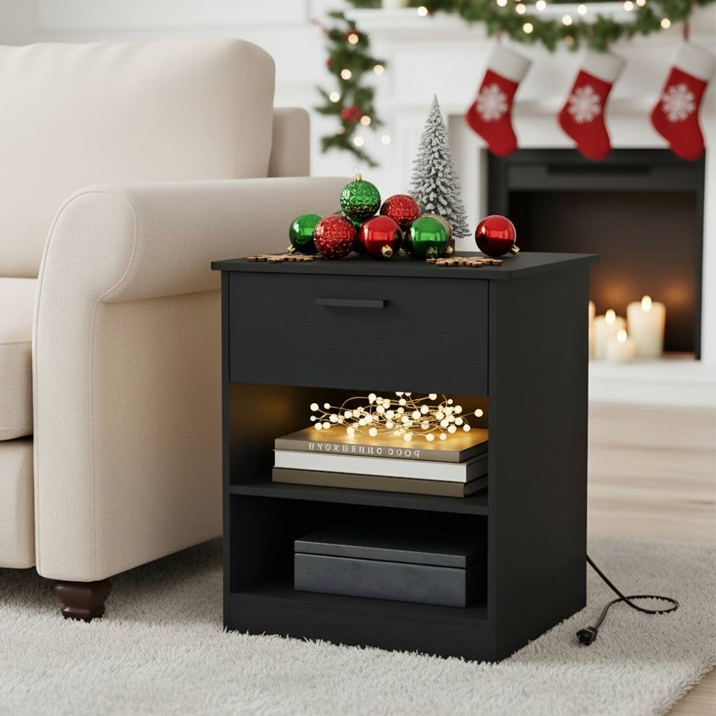 Kadyn - Wood Nightstand With Charging Station, Bedside Table With Wood Drawers And Open Shelf, Bedroom - Black