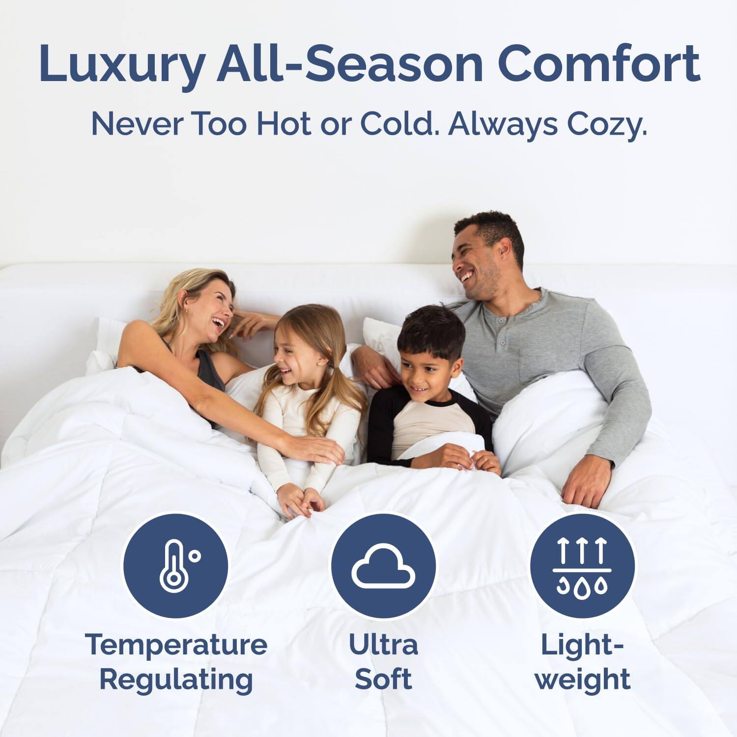 Luxury All-Season Comfort  
Never Too Hot or Cold. Always Cozy.  

8 Temperature Regulating  
Ultra Soft  
Light-weight