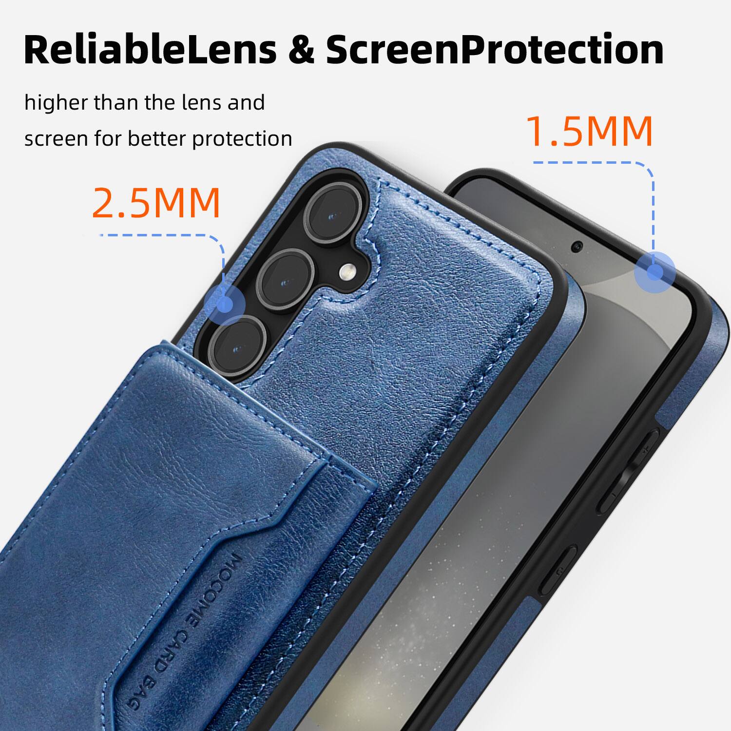ReliableLens & ScreenProtection  
higher than the lens and screen for better protection  

2.5MM  
1.5MM  

MOCOME CARD BAG