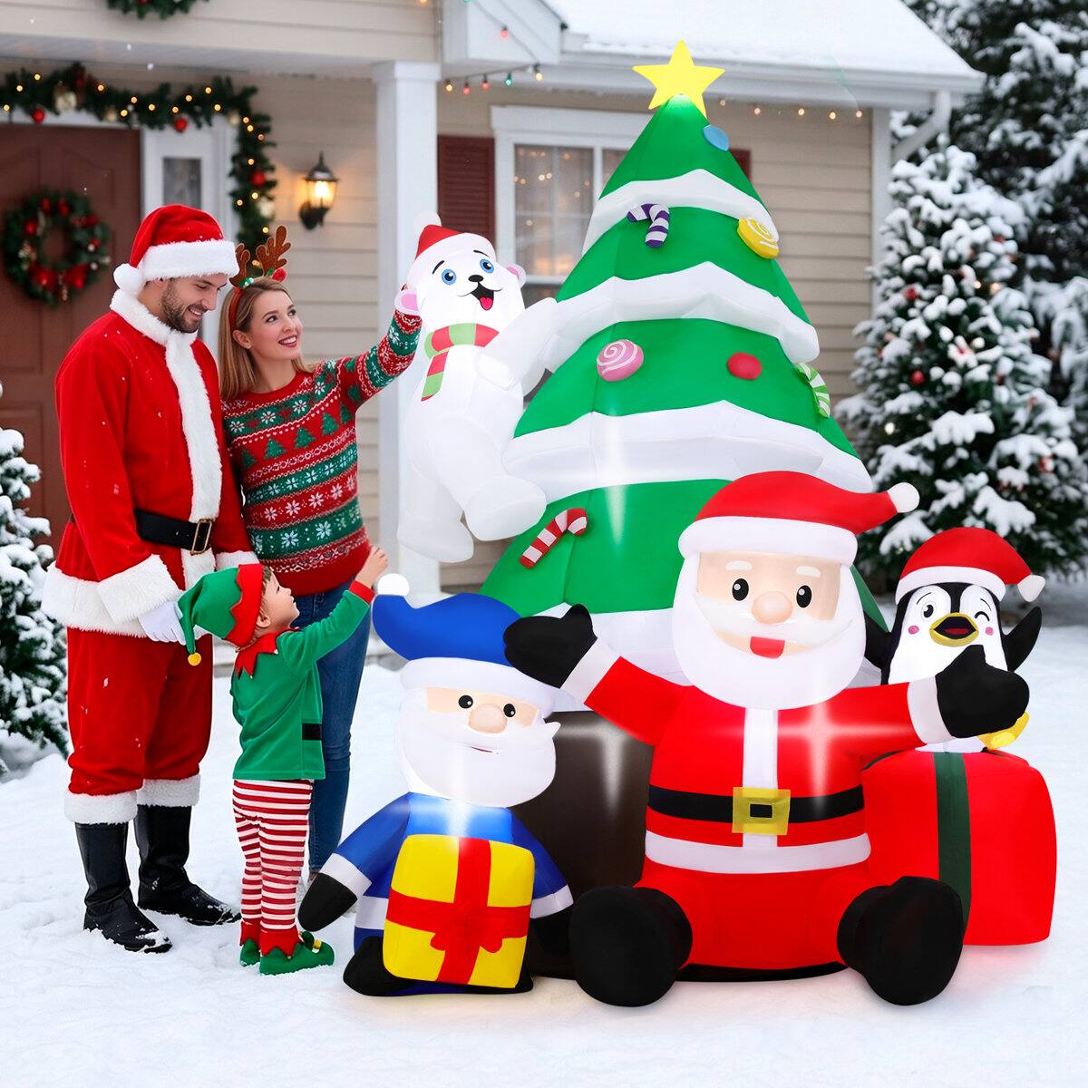 Angle. Wisairt - 7FT Christmas Inflatable Santa Claus and Christmas Tree Gift Outdoor Yard Decoration with Built-in LED lihgts - Green|White|Red.
