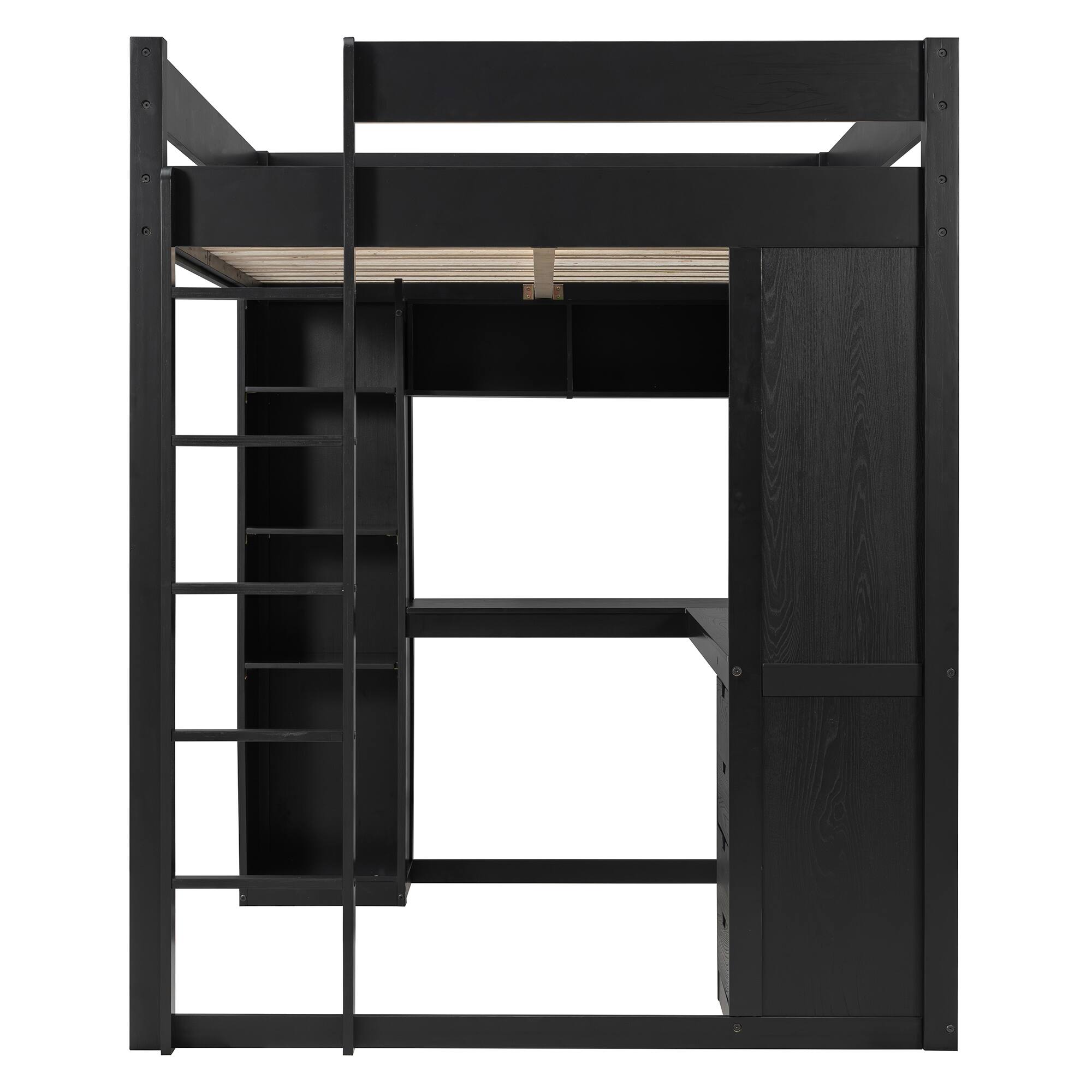 Alt View 3. Anysun - Full Solid Wood Loft Bed with L-Shaped Desk & 4 Drawers - App-Controlled LED Lights, USB Ports & 4-Tier Shelves - Black.