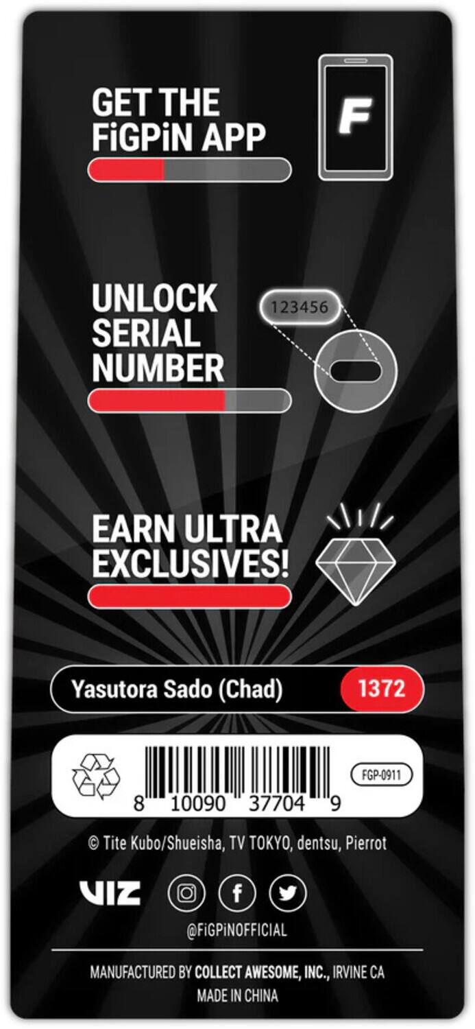 GET THE FiGPiN APP! UNLOCK SERIAL NUMBER 123456 TO EARN ULTRA EXCLUSIVES! Yasutora Sado (Chad) 1372 8 10090 37704 9 FGP-0911 Tite Kubo/Shueisha, TV TOKYO, dentsu, Pierrot VIZ f @FiGPiNOFFICIAL MANUFACTURED BY COLLECT AWESOME, INC., IRVINE CA MADE IN CHINA