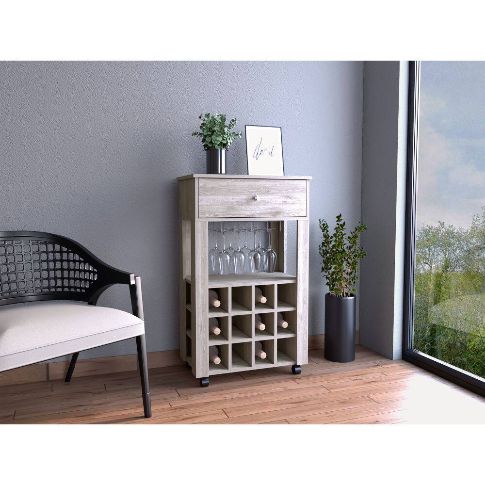 Angle. TuHome - Memphis Bar Cart, Twelve Built-In Wine Rack, Casters, Drawer, Bar Room or Living Room - Light Gray.