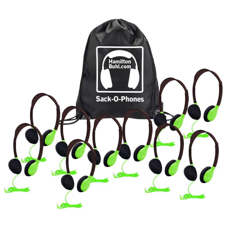 HamiltonBuhl - Sack-O-Phones, 10 Personal Headphones in a Carry Bag, Green