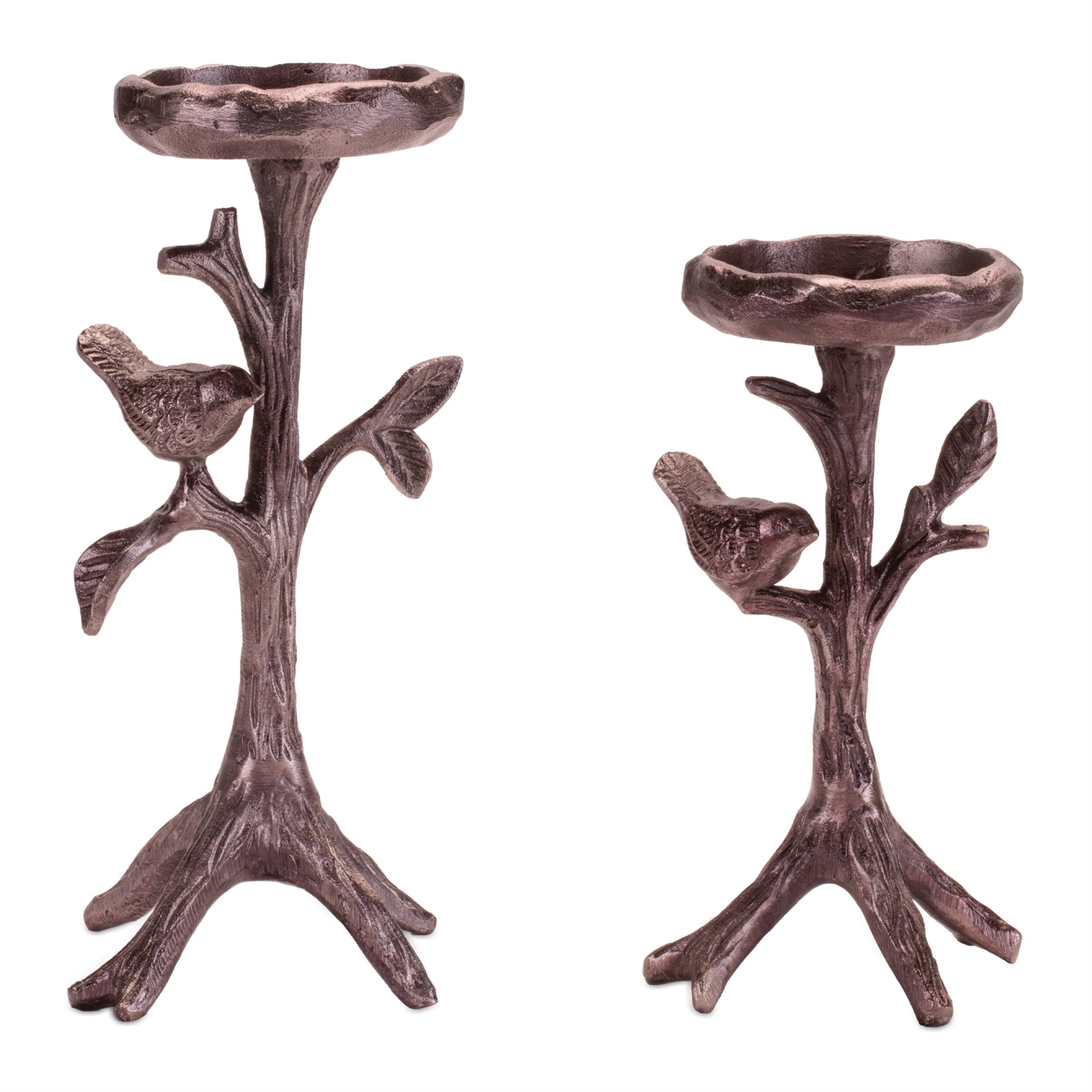 Front. BreeBe - Metal Bird Branch Candle Holder (Set of 2) - Brown.