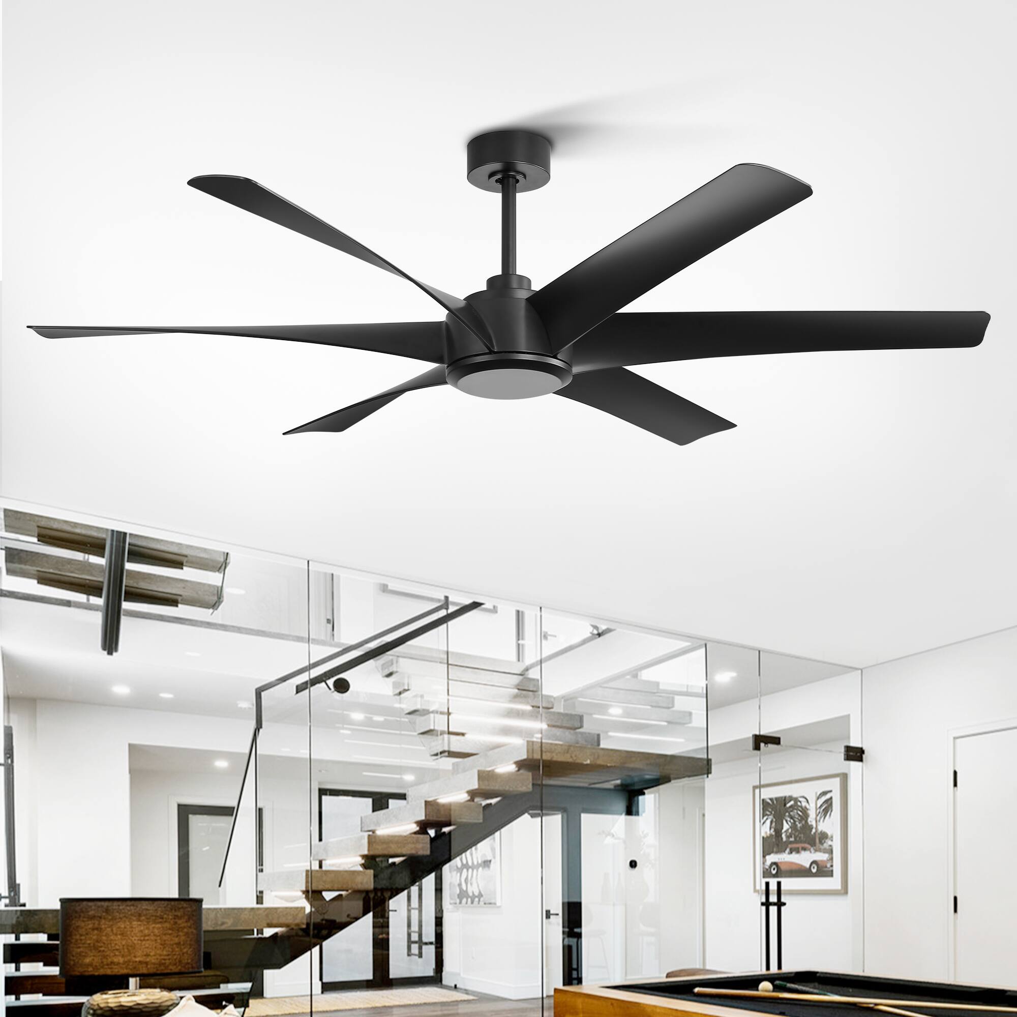 Left. Breezary - 65" Large Indoor Ceiling Fan with Remote Control, 6 ABS Blades, 6-Speed DC Motor, 7"/12" Downrods, Light/No Light Option - Matte Black (Without Light).