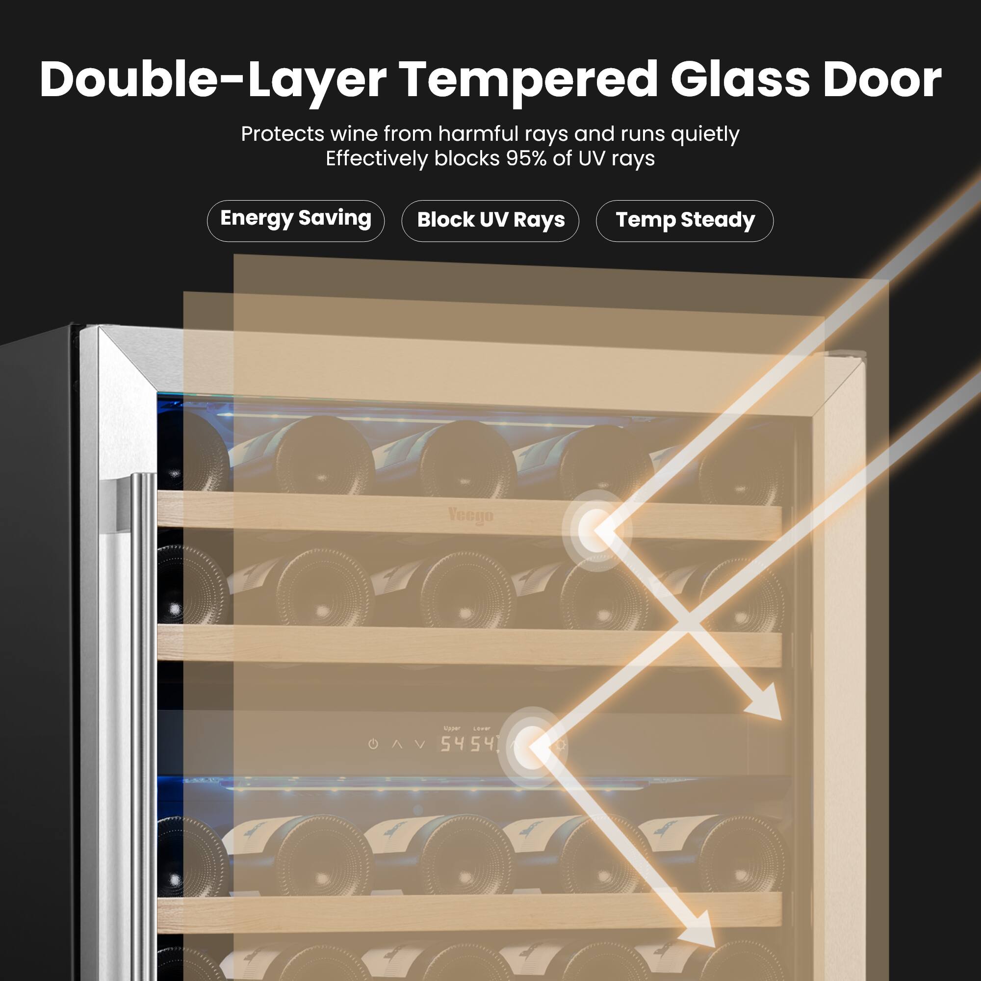Double-Layer Tempered Glass Door  
Protects wine from harmful rays and runs quietly  
Effectively blocks 95% of UV rays  

Energy Saving  
Block UV Rays  
Temp Steady  

Veego Sauer 5454