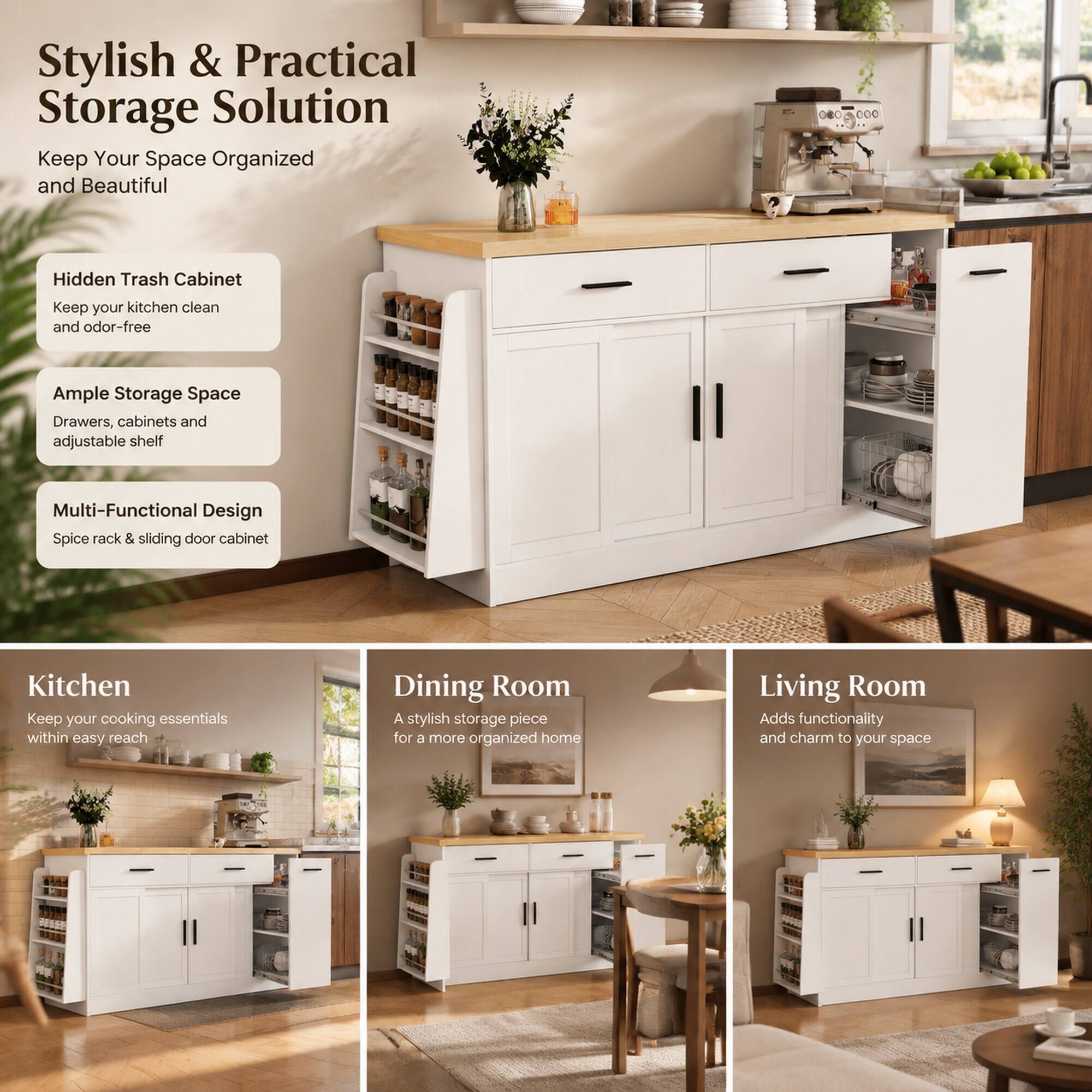 Stylish & Practical Storage Solution  
Keep Your Space Organized and Beautiful

Hidden Trash Cabinet  
Keep your kitchen clean and odor-free

Ample Storage Space  
Drawers, cabinets and adjustable shelf

Multi-Functional Design  
Spice rack & sliding door cabinet

Kitchen  
Keep your cooking essentials within easy reach

Dining Room  
A stylish storage piece for a more organized home

Living Room  
Adds functionality and charm to your space