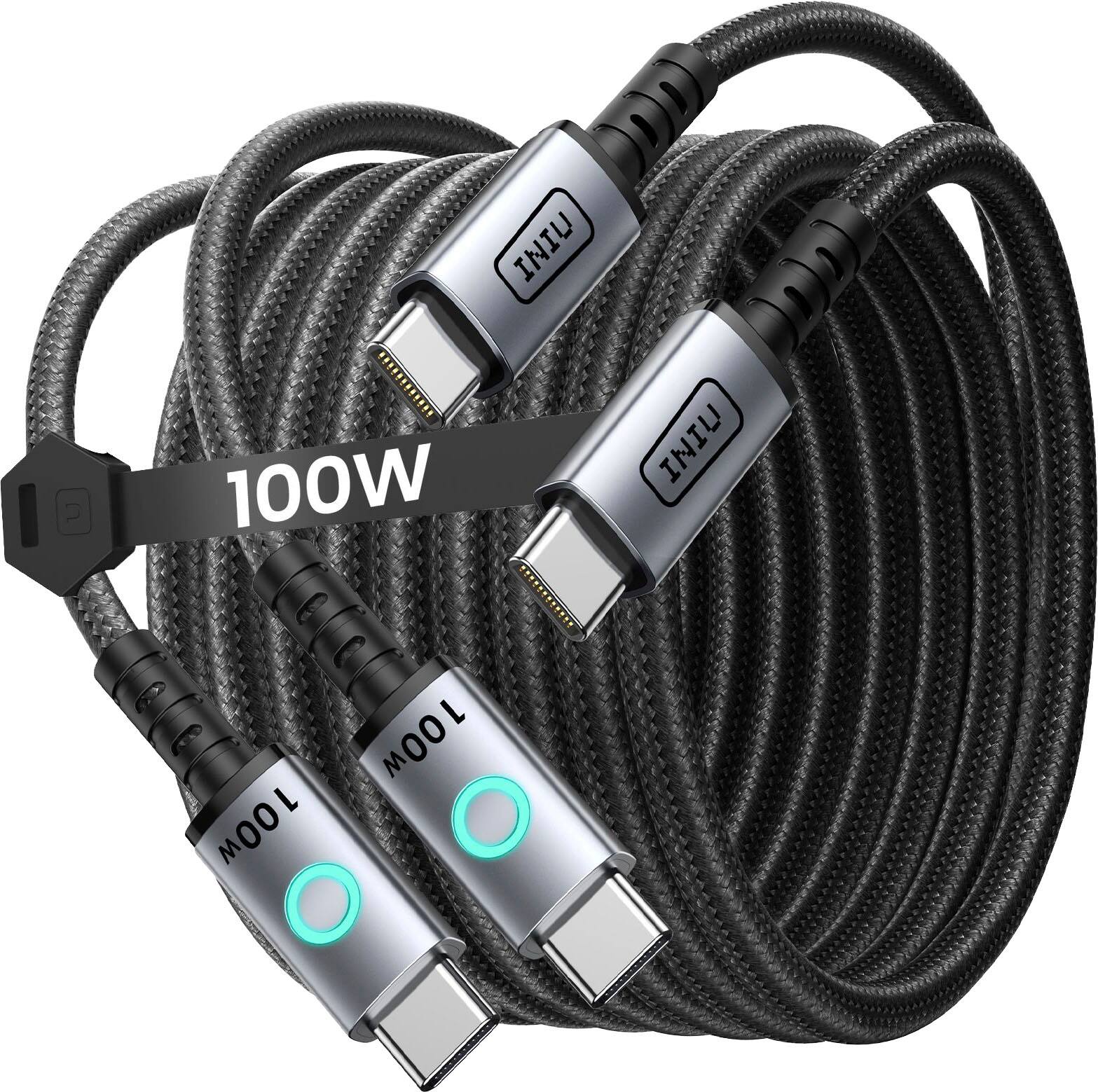 INIU - 100W USB C to USB C Cable, 6.6ft 2-Pack Fast Charging Type C Cable for iPhone 17 16 15 Samsung Macbook iPad Kindle etc - Black