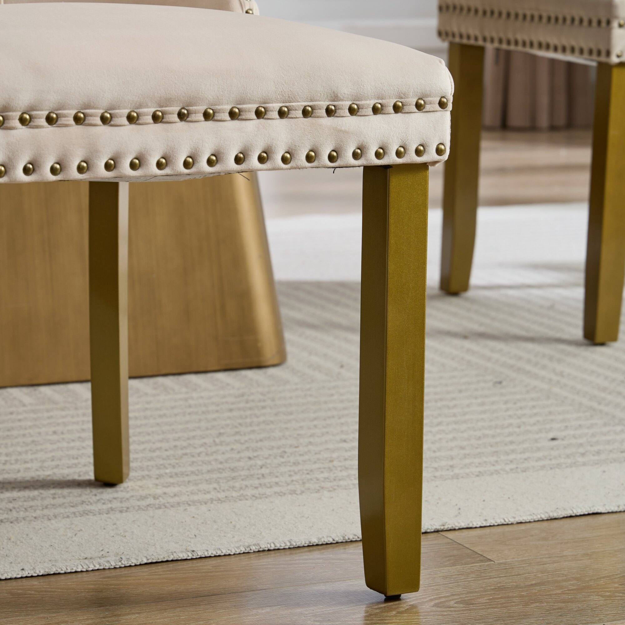 Alt View 9. GOODSILO - Modern Tufted Velvet Dining Chairs with Lion Head Pull Rings and Golden Wooden Legs, Set of 2 - Beige.