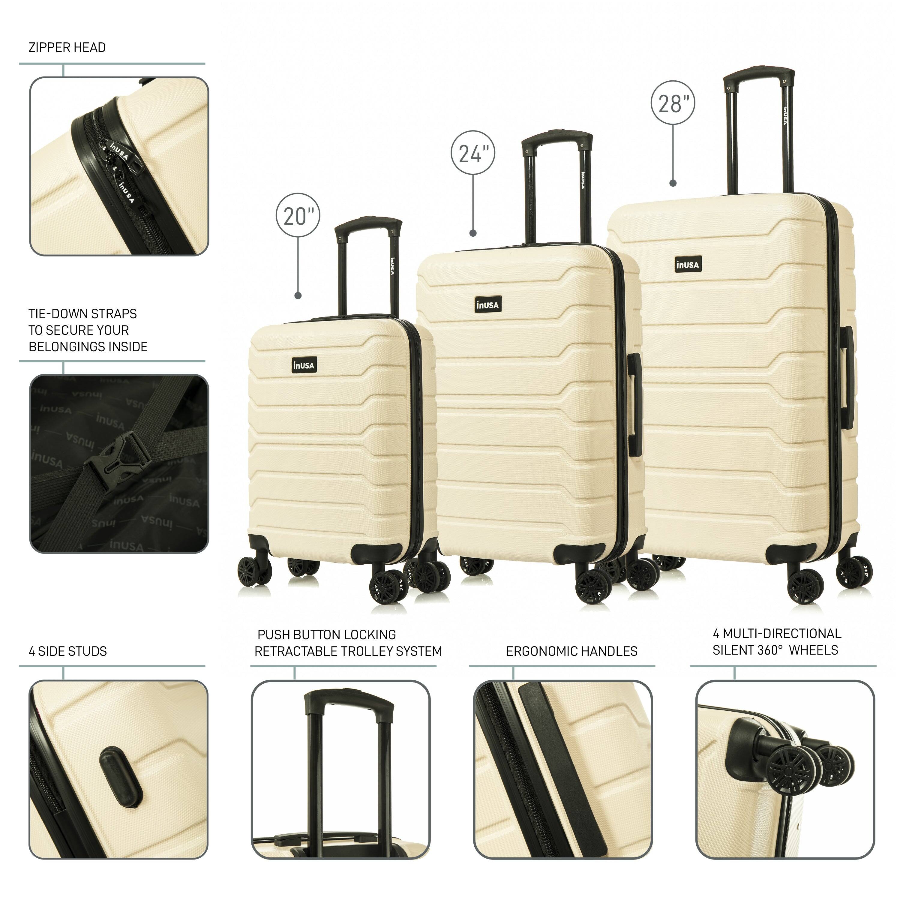 ZIPPER HEAD  
28"  
24"  
20"  

TIE-DOWN STRAPS TO SECURE YOUR BELONGINGS INSIDE  

4 SIDE STUDS  

PUSH BUTTON LOCKING RETRACTABLE TROLLEY SYSTEM  

ERGONOMIC HANDLES  

4 MULTI-DIRECTIONAL SILENT 360° WHEELS