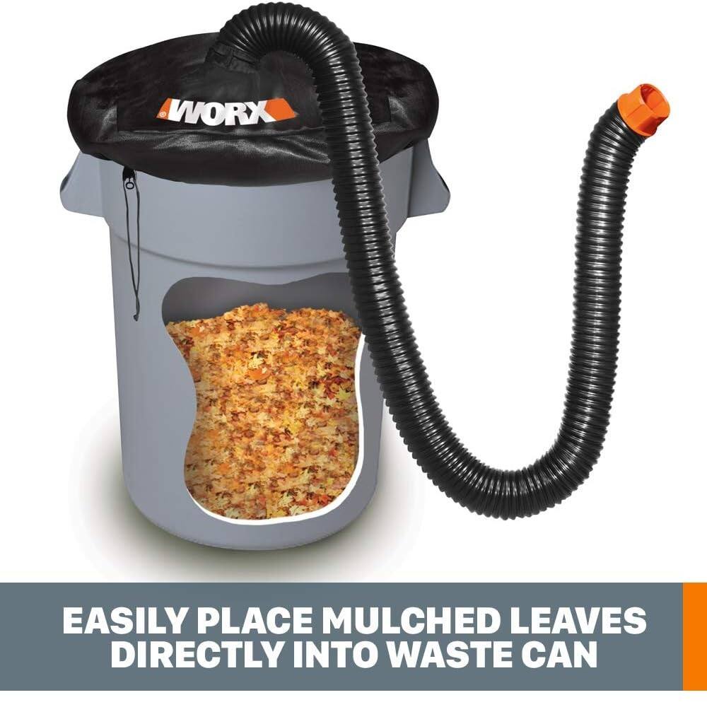 "WORX EASILY PLACE MULCHED LEAVES DIRECTLY INTO WASTE CAN"