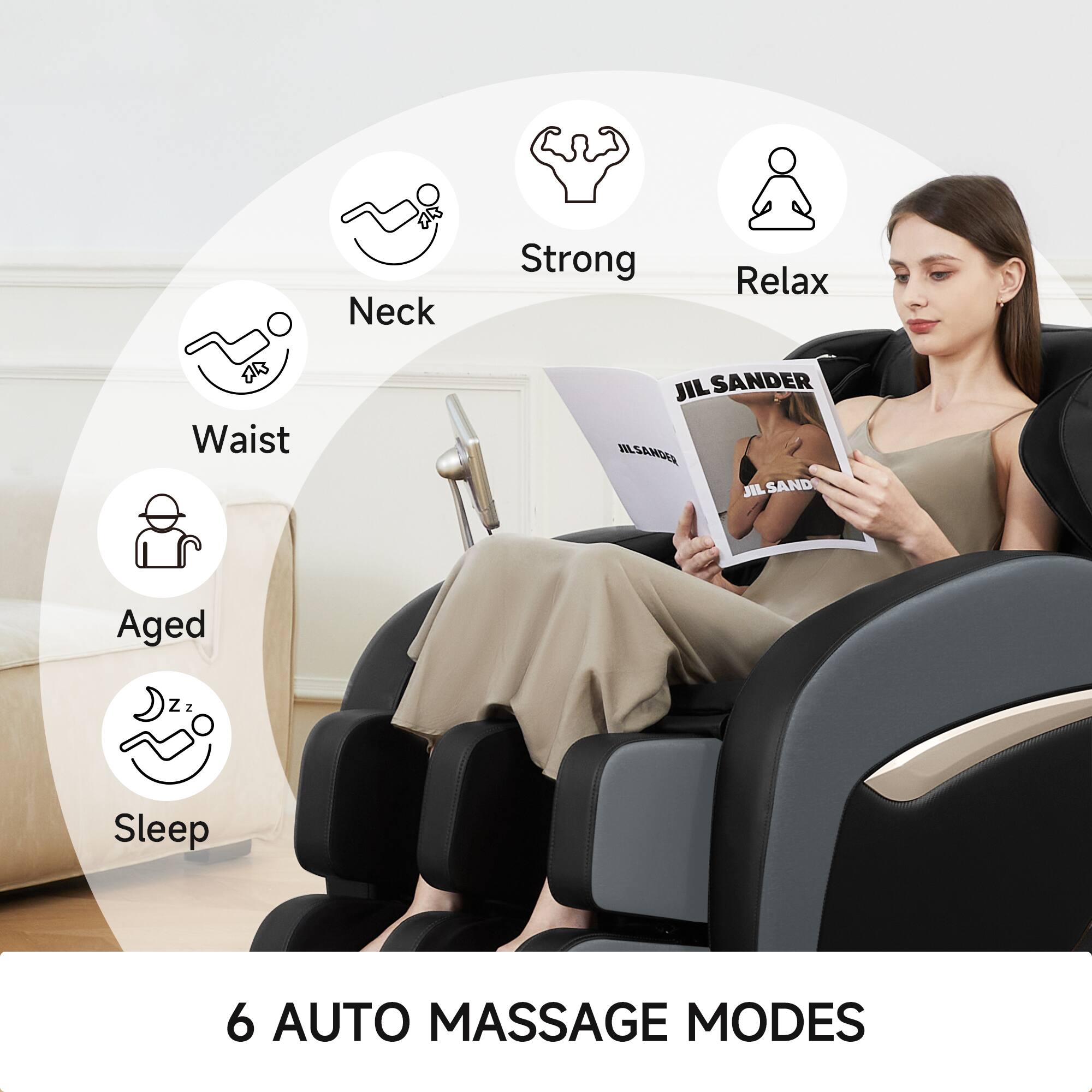 - Neck
- Waist
- Aged
- Sleep
- Strong
- Relax

6 AUTO MASSAGE MODES