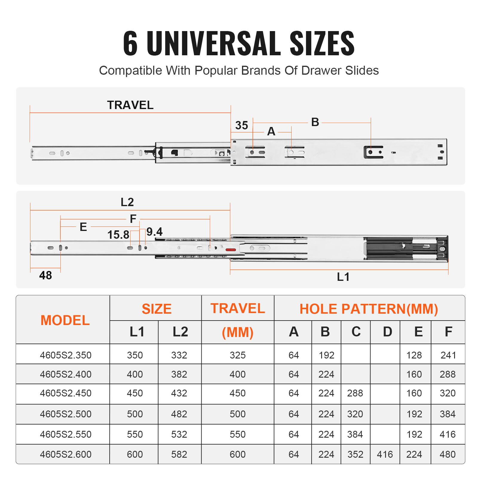 6 UNIVERSAL SIZES  
Compatible With Popular Brands Of Drawer Slides  

TRAVEL  
35 A B  

L2  
15.8 9.4  

L1  

MODEL | SIZE | TRAVEL (MM) | HOLE PATTERN (MM)  
--- | --- | --- | ---  
4605S2.350 | L1 350 | L2 332 | 325 | A 64 | B 192 | C 128 | D 241 | E 288 | F 416  
4605S2.400 | L1 400 | L2 382 | 400 | A 64 | B 224 | C 160 | D 288 | E 320 | F 480  
4605S2.450 | L1 450 | L2 432 | 450 | A 64 | B 224 | C 160 | D 288 | E 320 | F
