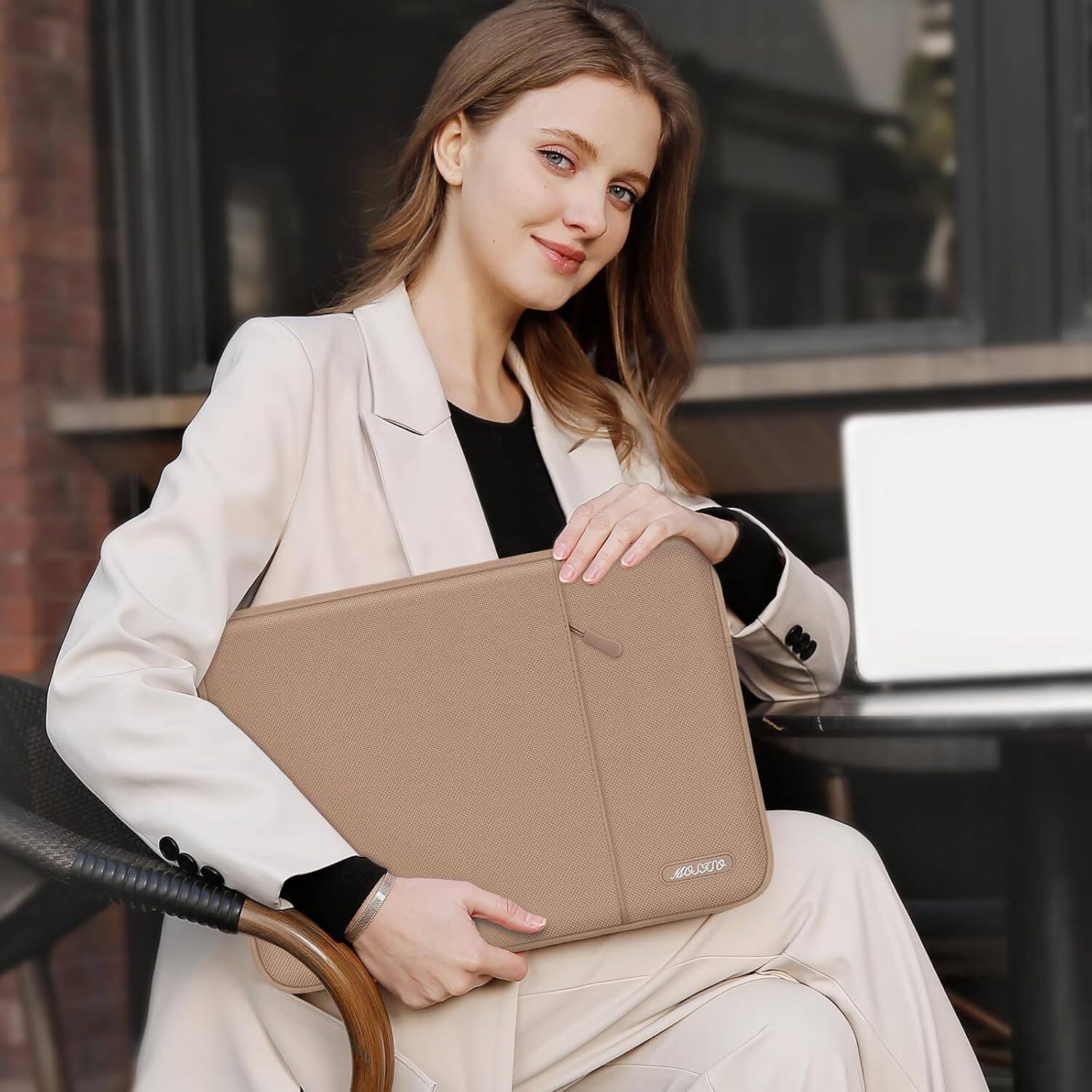 Alt View 3. mosiso - 15 inch Laptop Sleeve with Pocket, Polyester Vertical Case for MacBook Air 15 inch M5 M4 M3 M2, Acer Dell XPS Lenovo - Bronze Brown.
