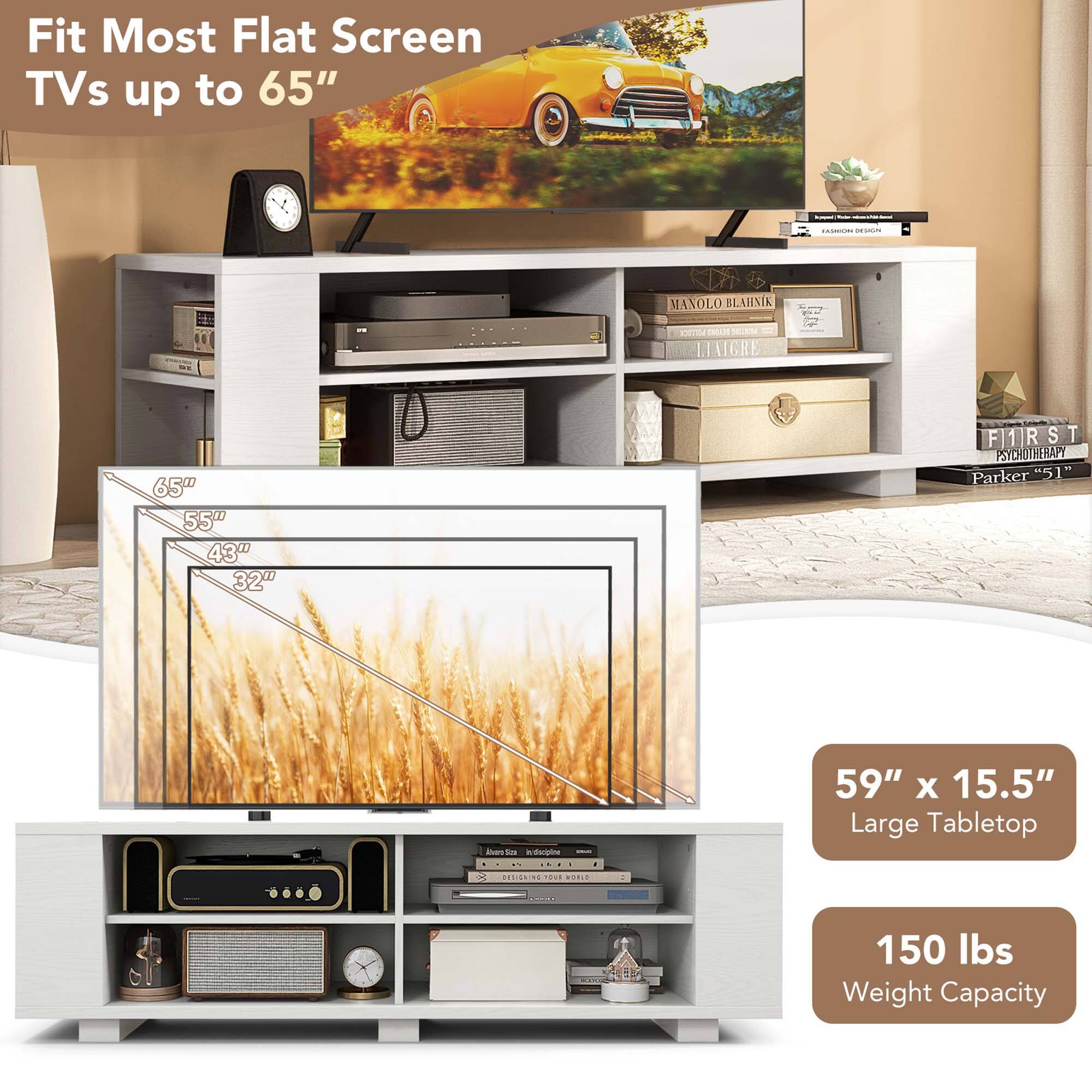 The text on the image is grouped and corrected as follows:

"Fit Most Flat Screen TVs up to 65" - - d - I - -- MANOLO BLAHNIK OIN INOIN NEN II AIGRE 65" 55" 43" 32" F11R S T PSYCHOTHERAPY 1 Parker "51" IAoso -us spin 59" X 15.5" Large Tabletop ... DESICRIS O.. M.. 150 lbs Weight Capacity"