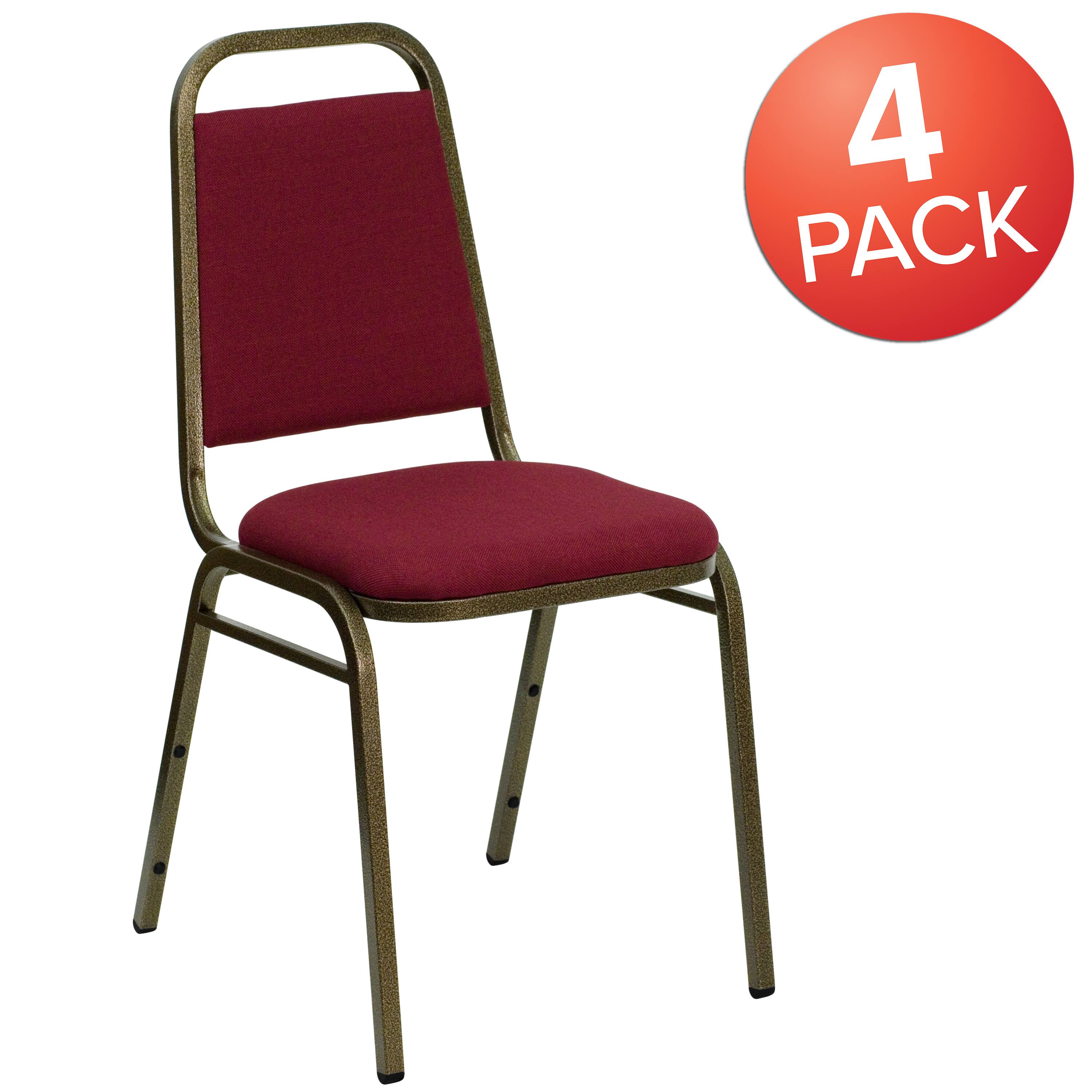 Alt View 1. Emma + Oliver - 4 Pack Trapezoidal Back Stacking Banquet Chair - Burgundy Fabric/Gold Vein Frame.